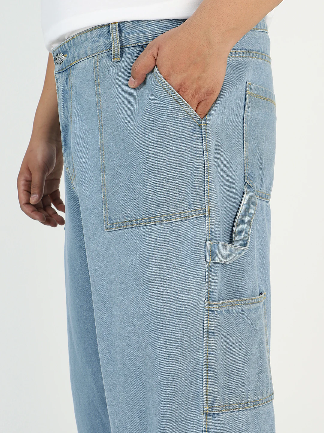 Plus Men's Ice Blue Loose Fit Cargo Carpenter Jeans With 6 Pockets Non-Stretchable - Image 5