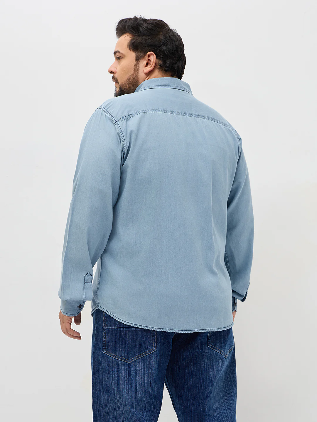 Plus Men's Ice Blue Regular Fit Full Sleeve Solid Denim Shirt - Image 3