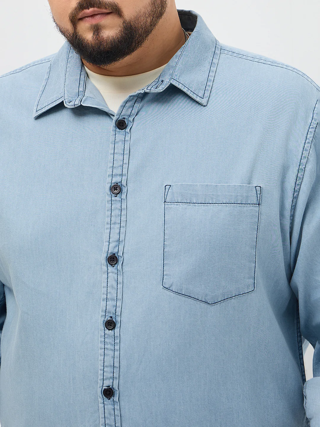 Plus Men's Ice Blue Regular Fit Full Sleeve Solid Denim Shirt - Image 5