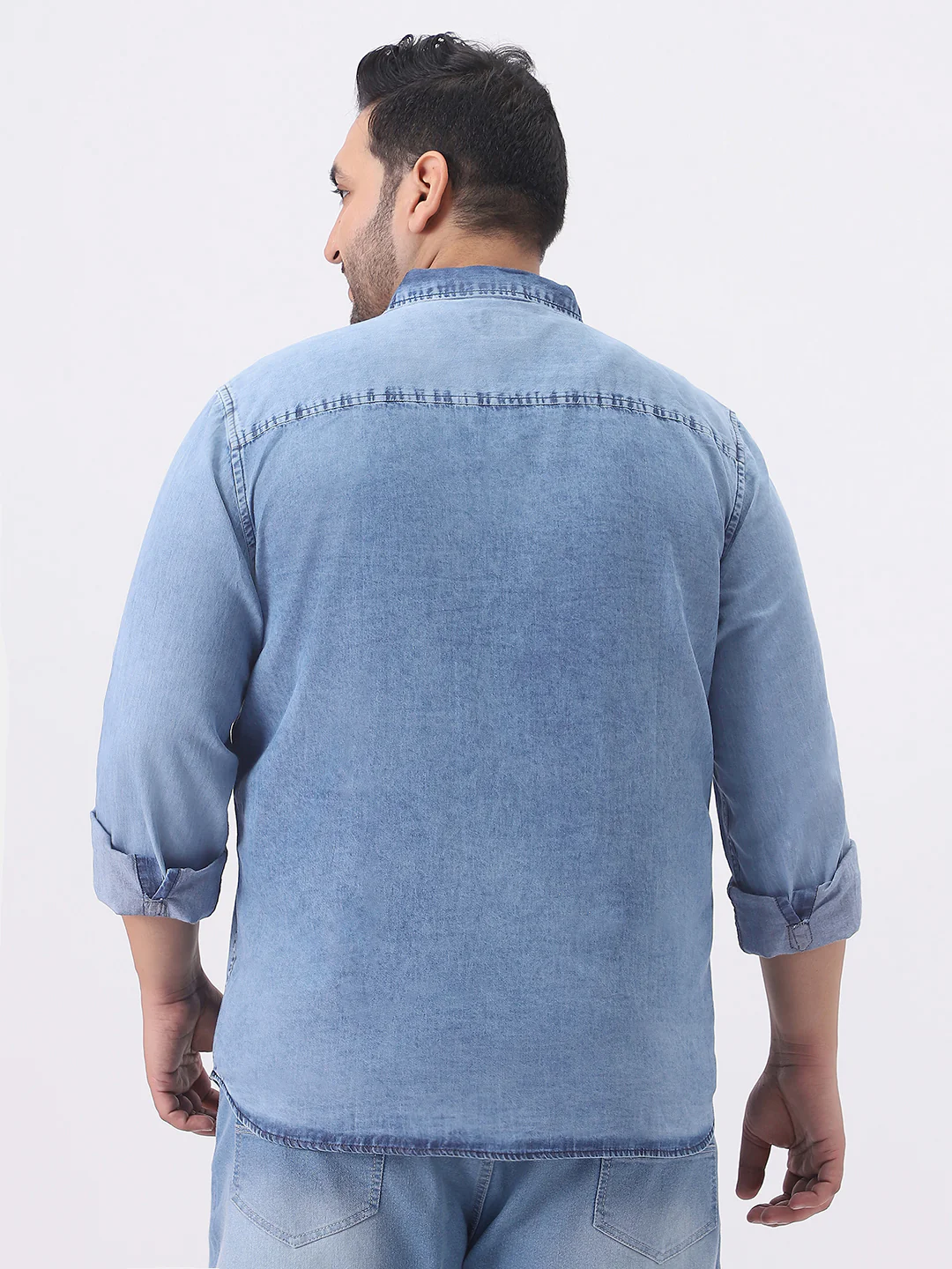 Plus Men's Ice Blue Regular Fit Full Sleeve Washed Denim Shirt - Image 3
