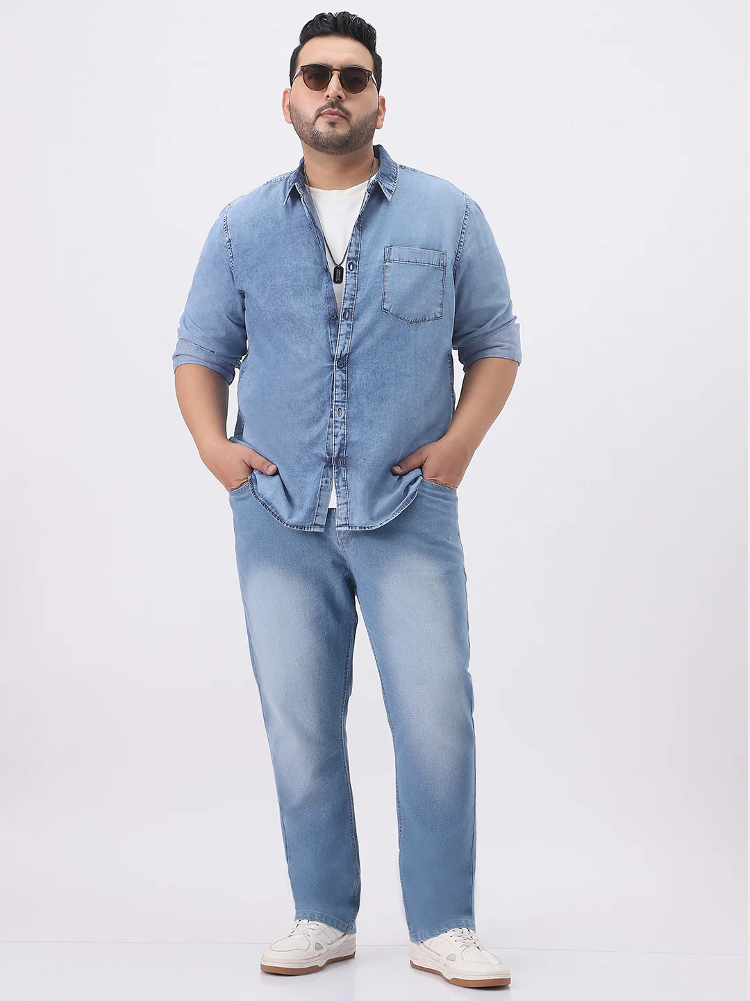 Plus Men's Ice Blue Regular Fit Full Sleeve Washed Denim Shirt - Image 4