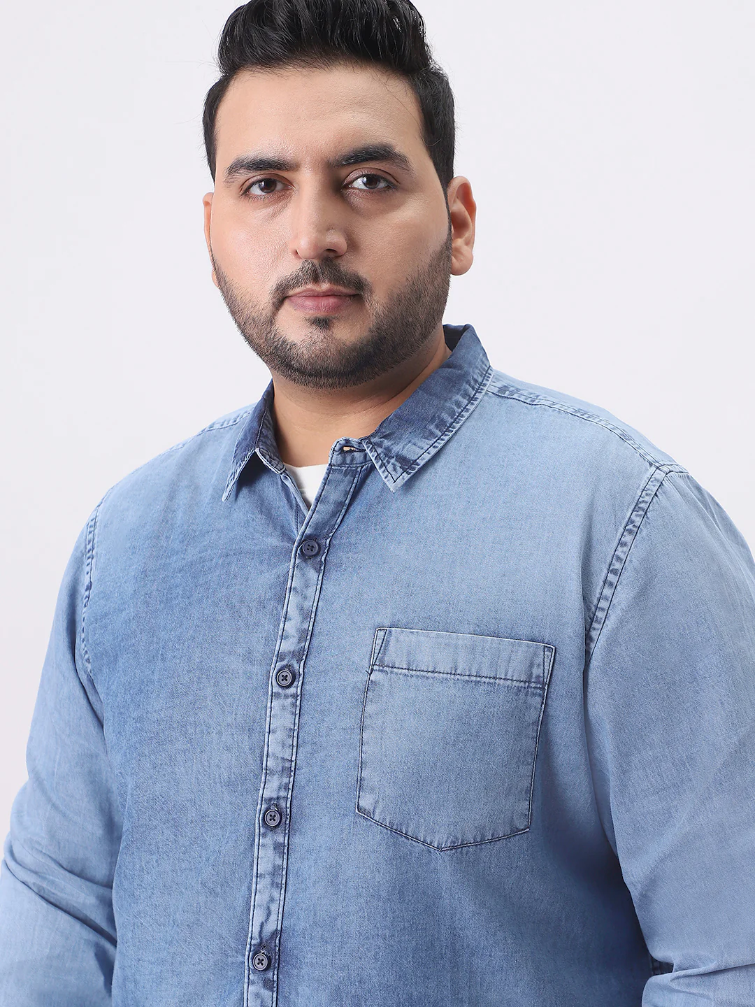 Plus Men's Ice Blue Regular Fit Full Sleeve Washed Denim Shirt - Image 5