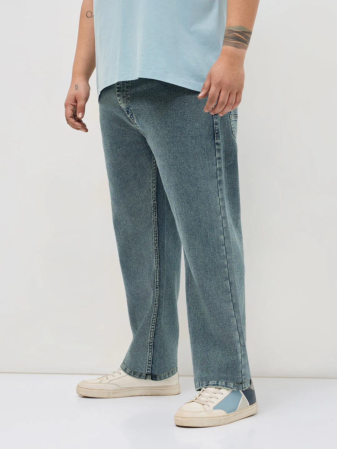 Plus Men's Ice Blue Regular Fit Towel Washed Yellow Tint Denim Jeans Stretchable - Image 2