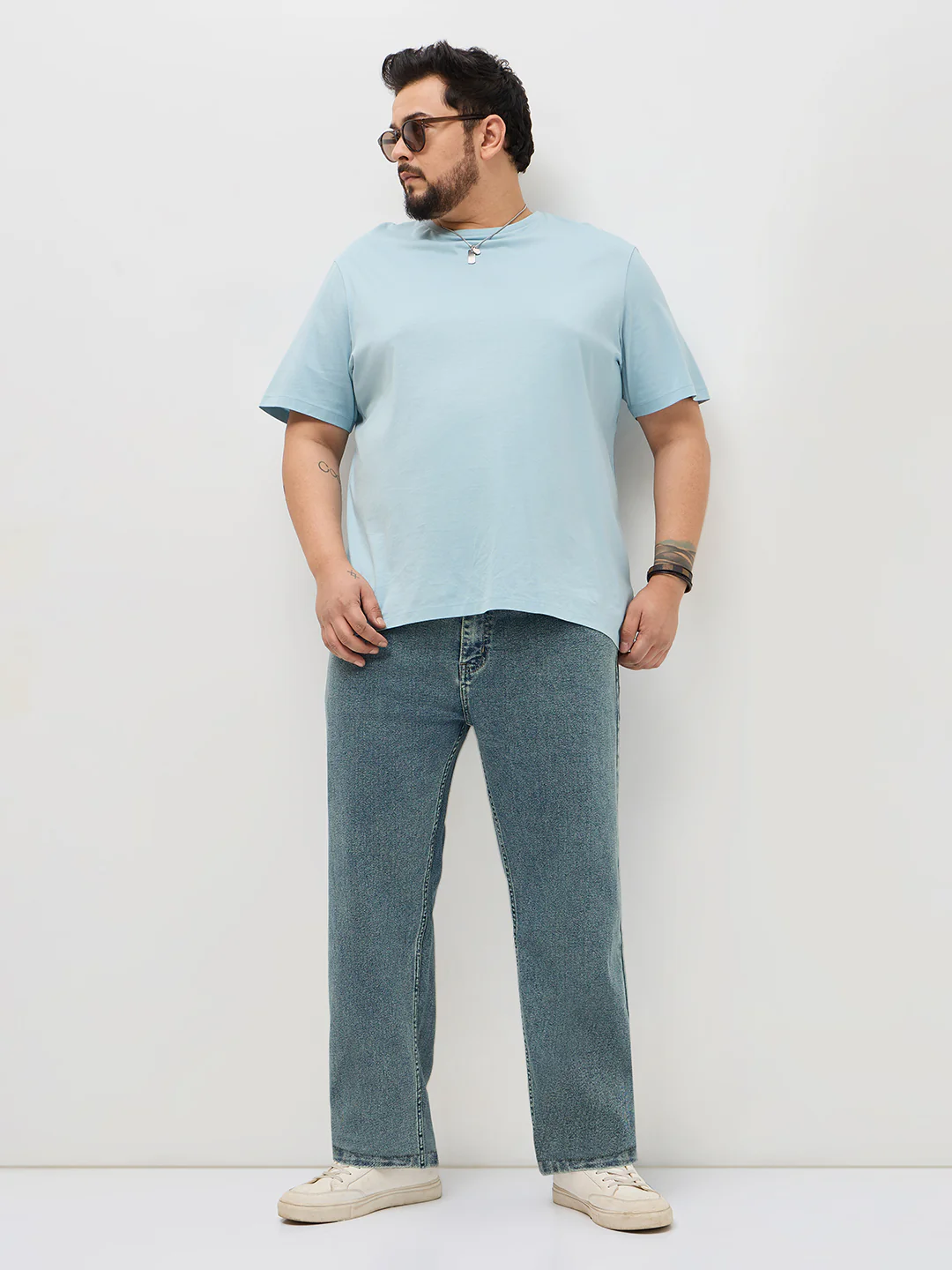 Plus Men's Ice Blue Regular Fit Towel Washed Yellow Tint Denim Jeans Stretchable - Image 4