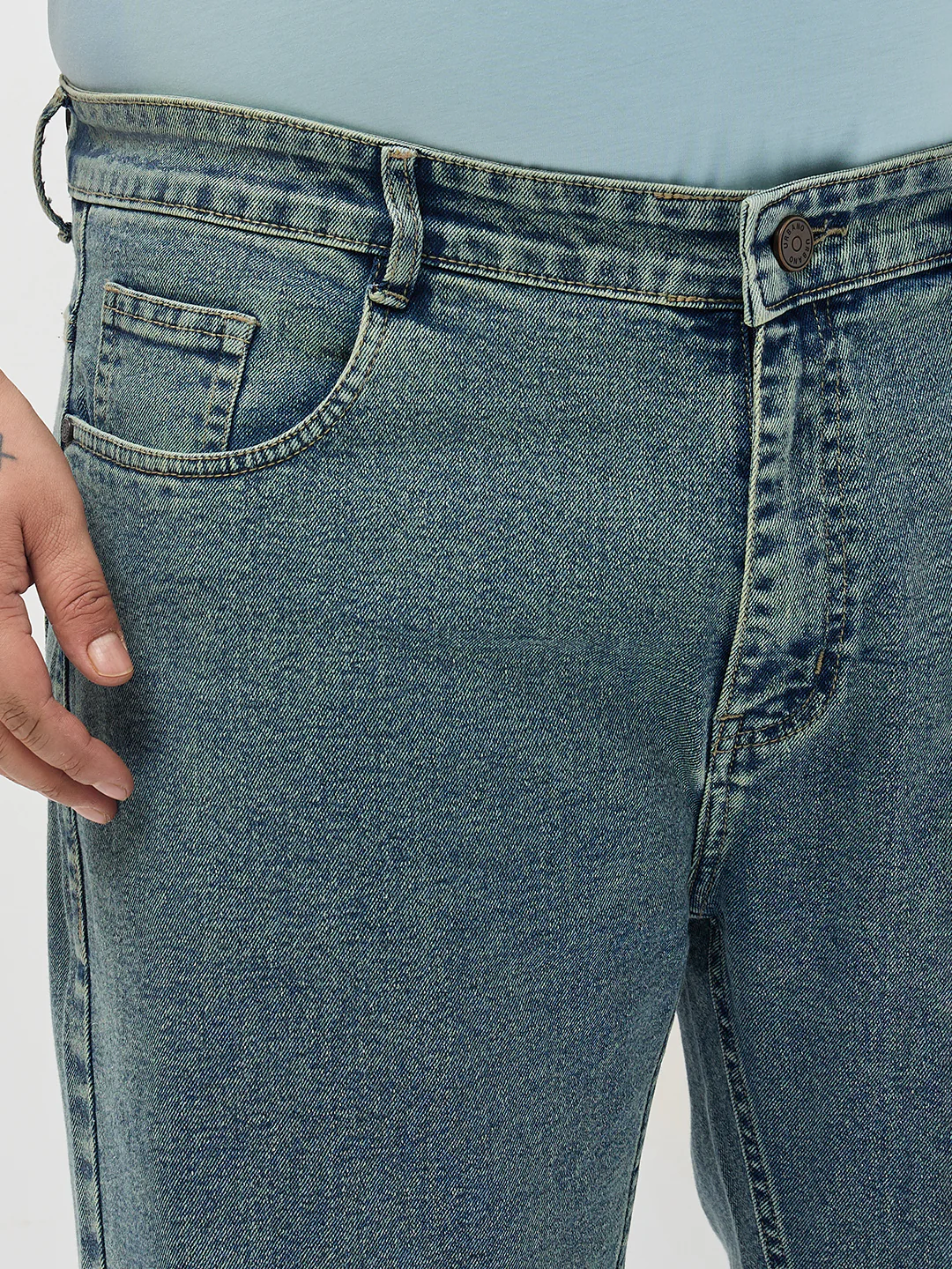 Plus Men's Ice Blue Regular Fit Towel Washed Yellow Tint Denim Jeans Stretchable - Image 5