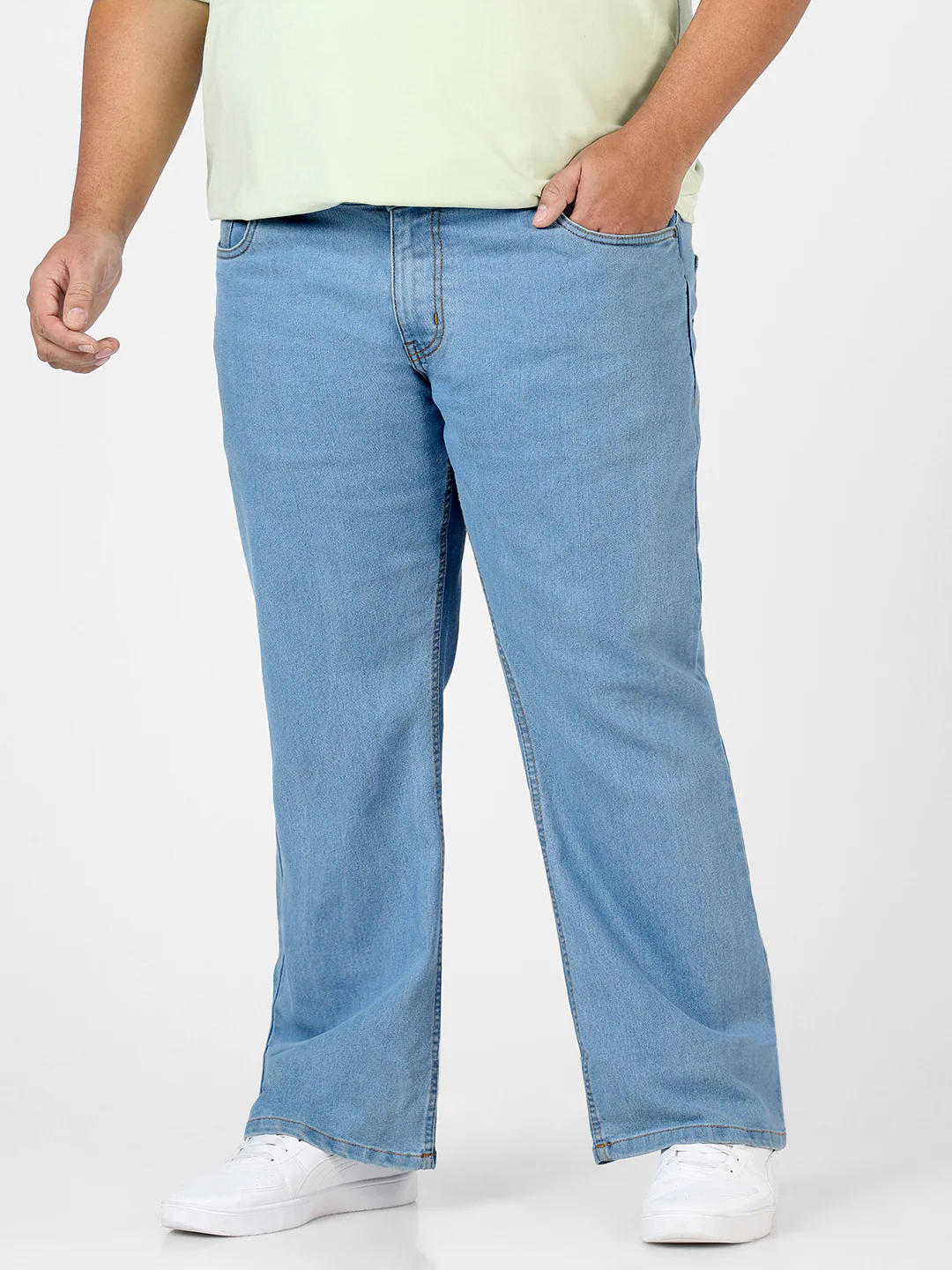 Plus Men's Ice Blue Regular Fit Washed Denim Bootcut Jeans Stretchable - Image 3