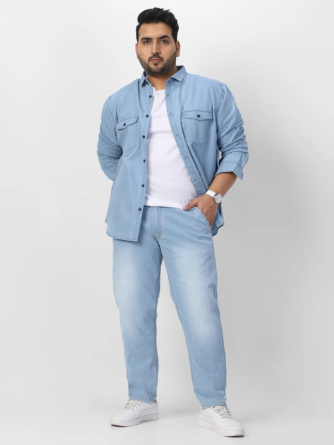 Plus Men's Ice Blue Regular Fit Washed Jeans Stretchable - Image 4