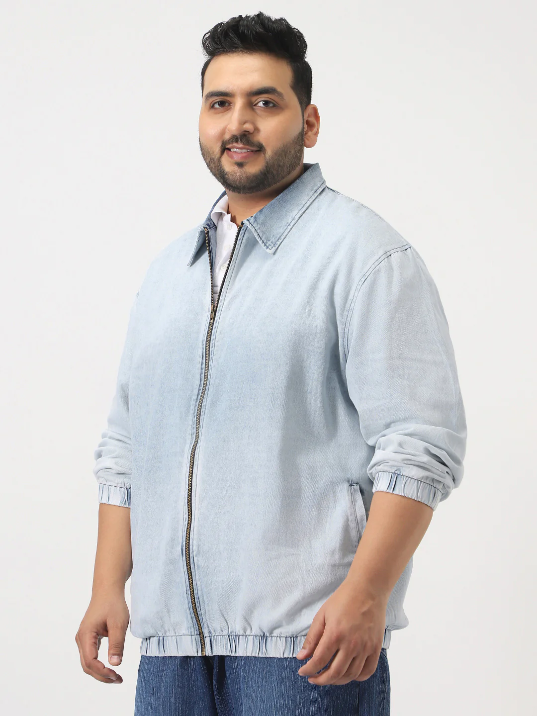 Plus Men's Ice Blue Relaxed Fit Full Sleeve Harrington Denim Jacket - Image 2