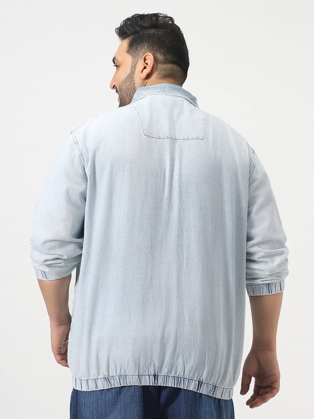 Plus Men's Ice Blue Relaxed Fit Full Sleeve Harrington Denim Jacket - Image 3