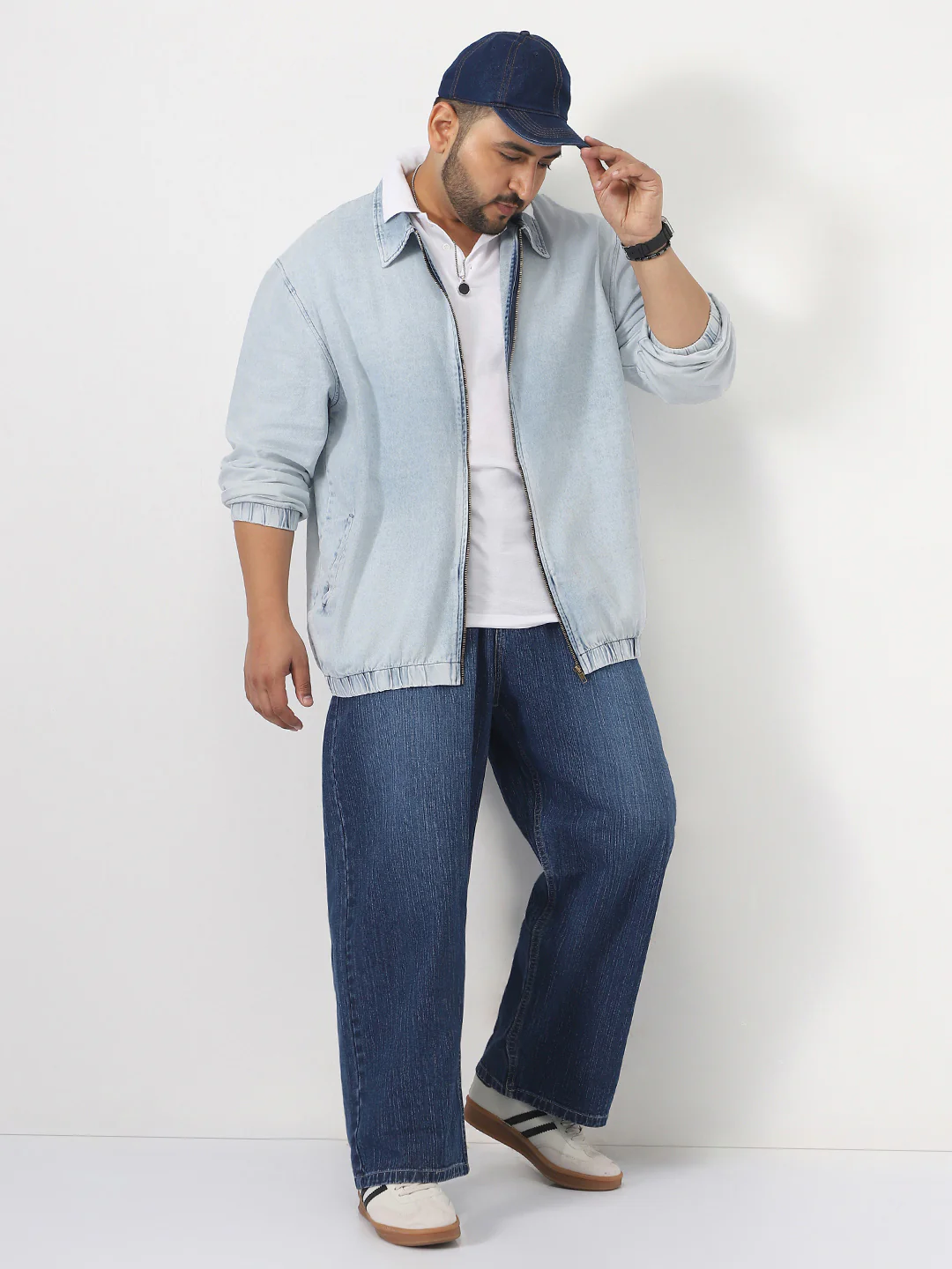 Plus Men's Ice Blue Relaxed Fit Full Sleeve Harrington Denim Jacket - Image 4