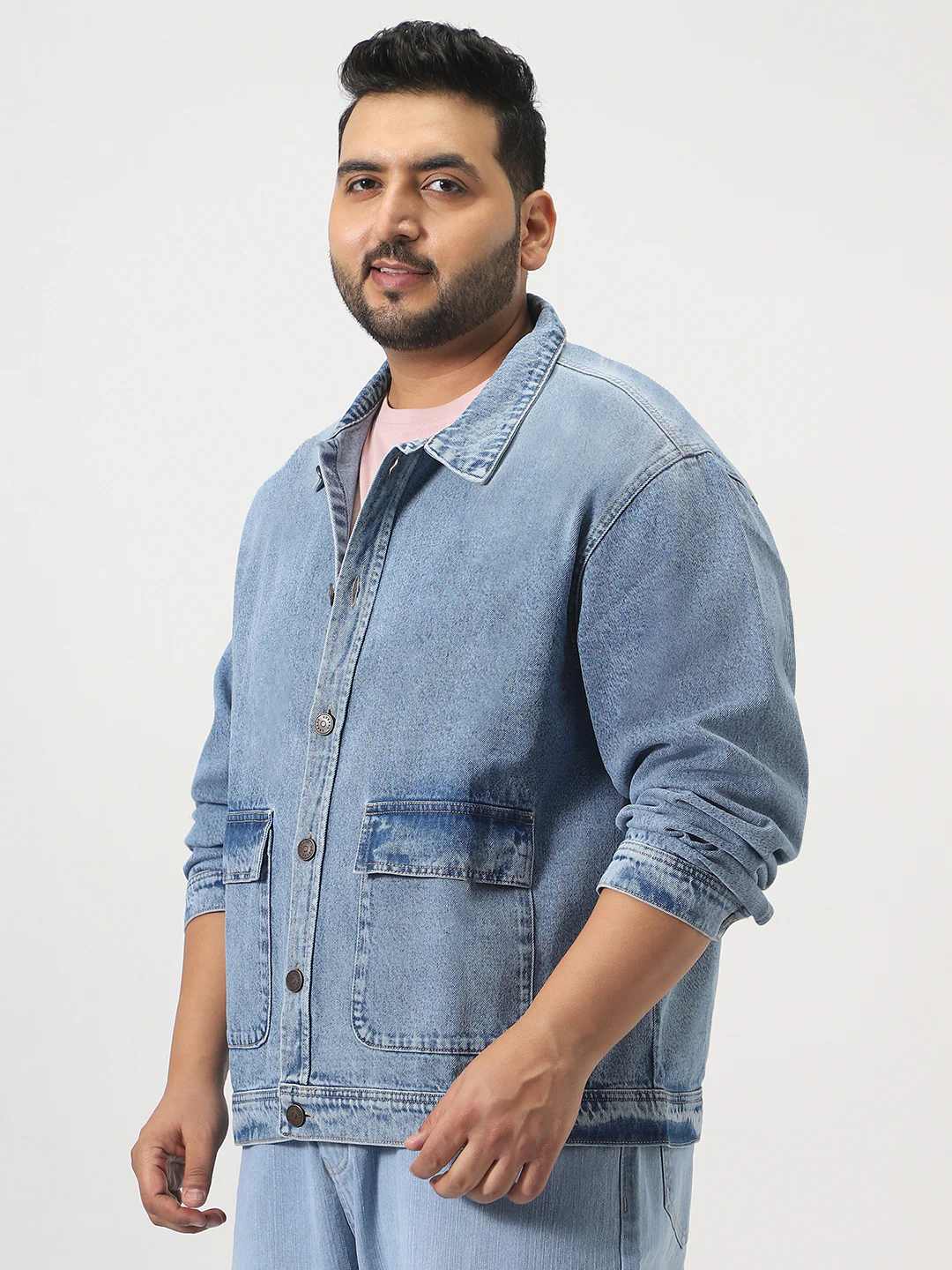 Plus Men's Ice Blue Relaxed Fit Full Sleeve Utility Denim Jacket - Image 2