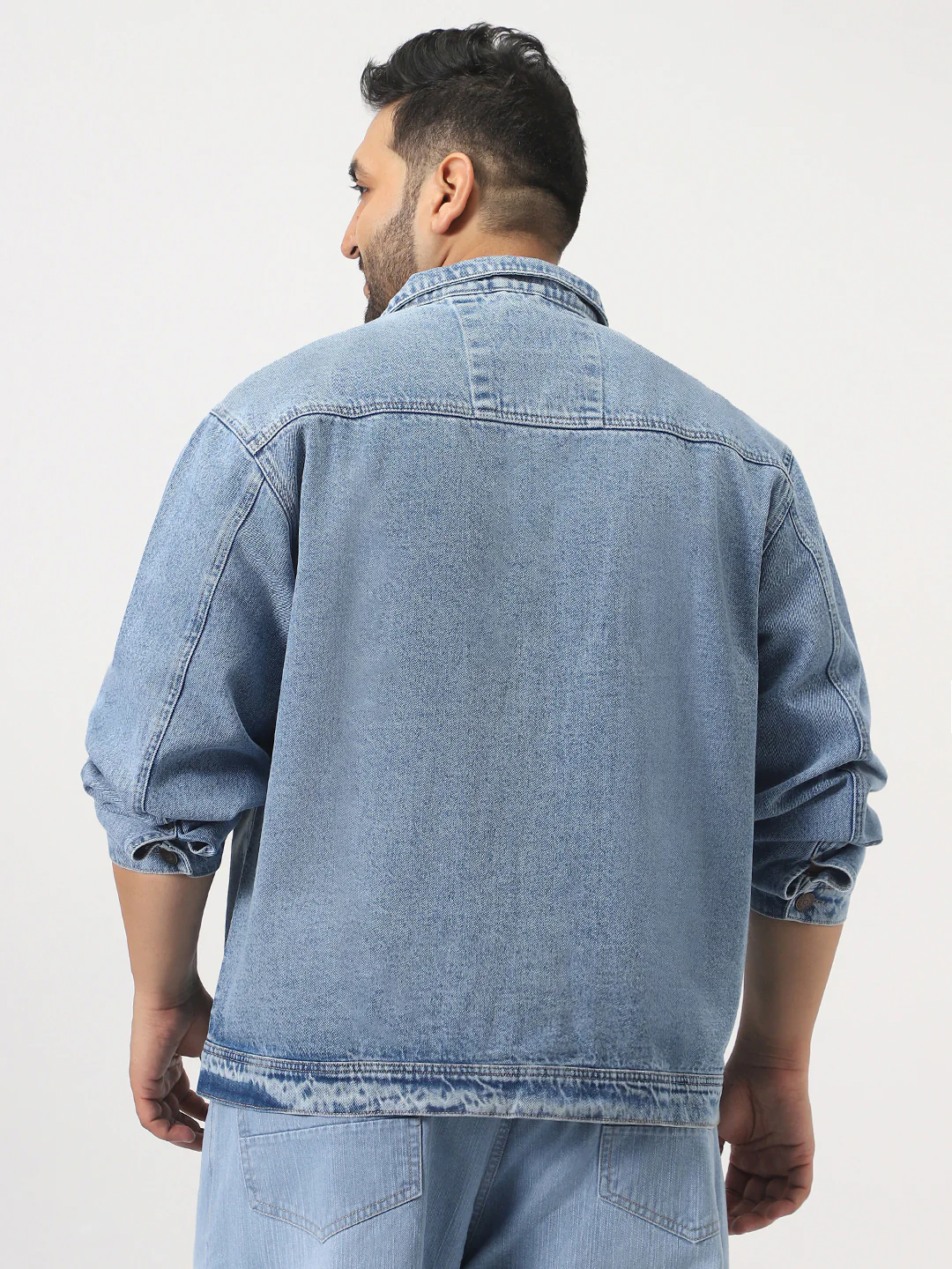Plus Men's Ice Blue Relaxed Fit Full Sleeve Utility Denim Jacket - Image 3