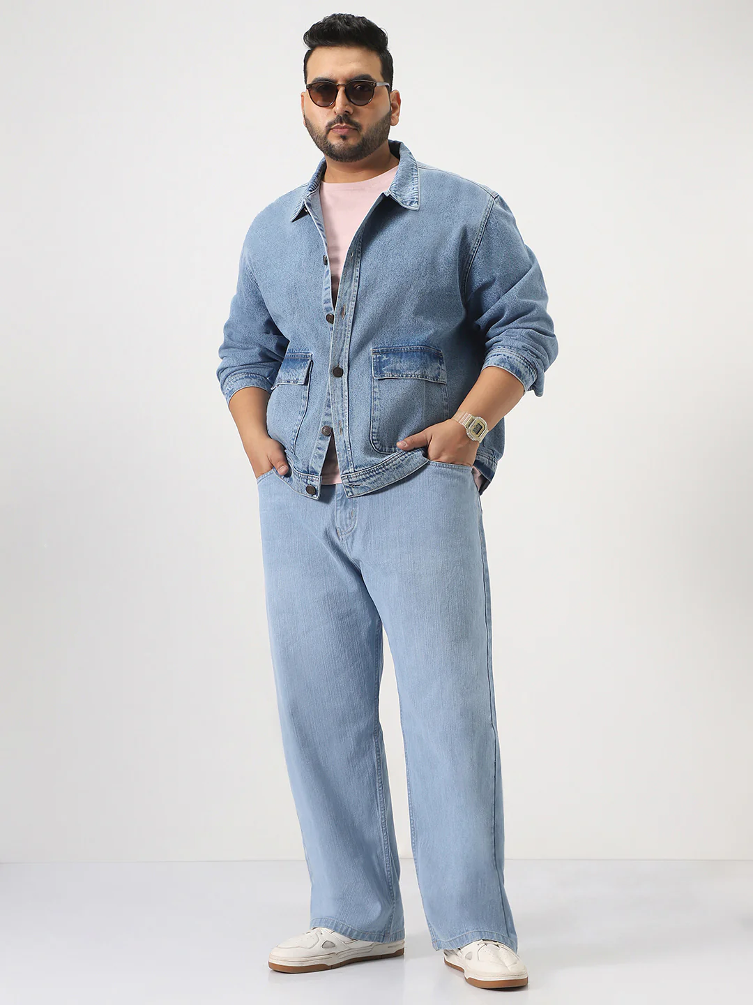 Plus Men's Ice Blue Relaxed Fit Full Sleeve Utility Denim Jacket - Image 4