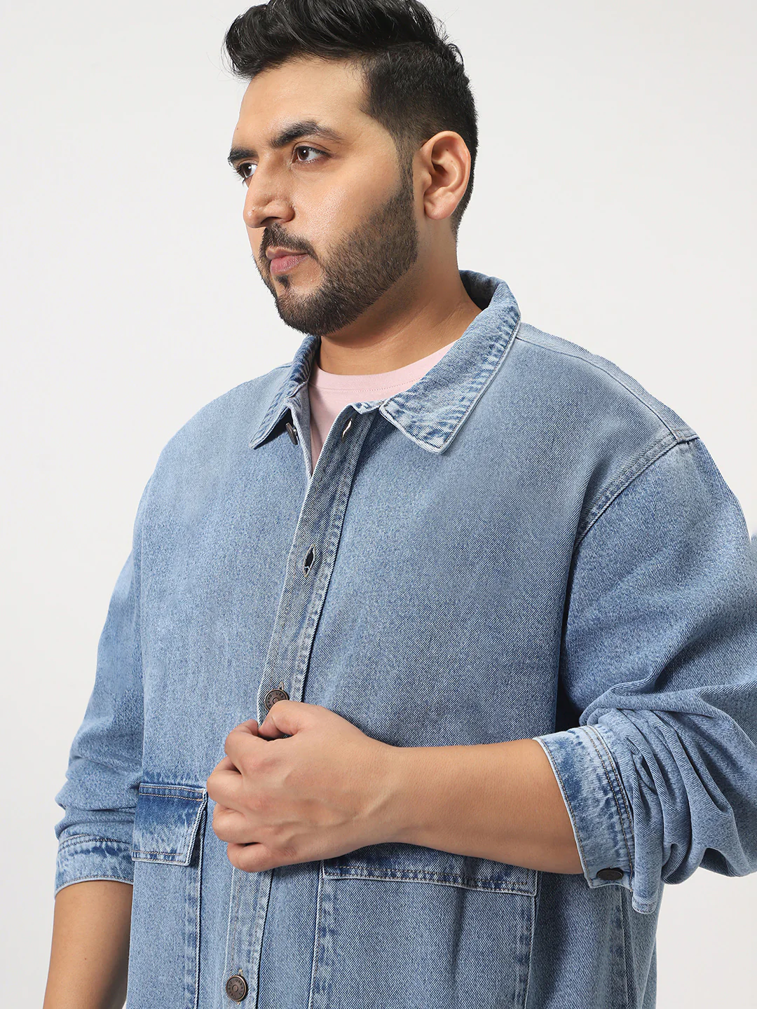 Plus Men's Ice Blue Relaxed Fit Full Sleeve Utility Denim Jacket - Image 5