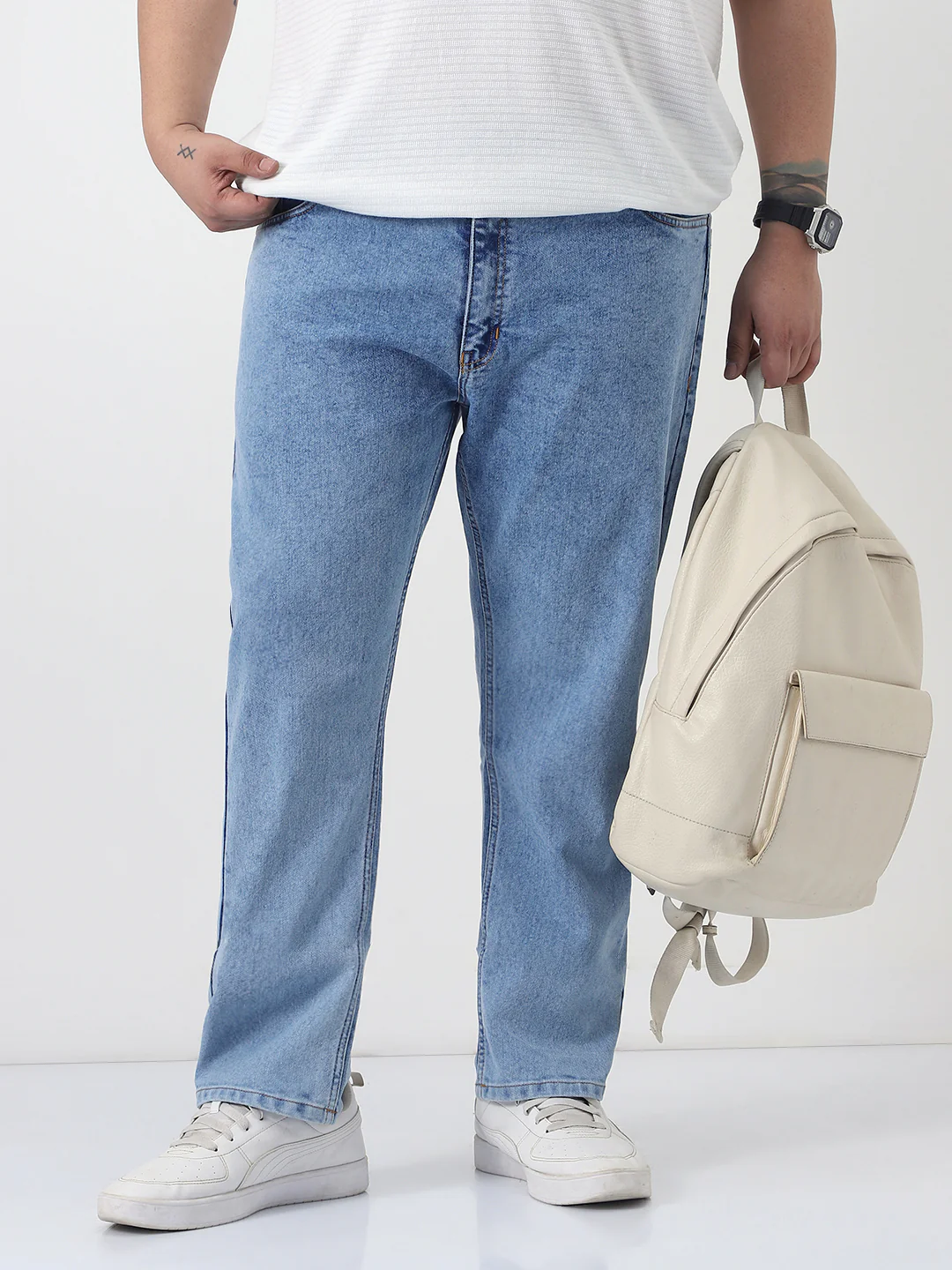 Plus Men's Ice Blue Slim Fit Washed Denim Jeans Stretchable