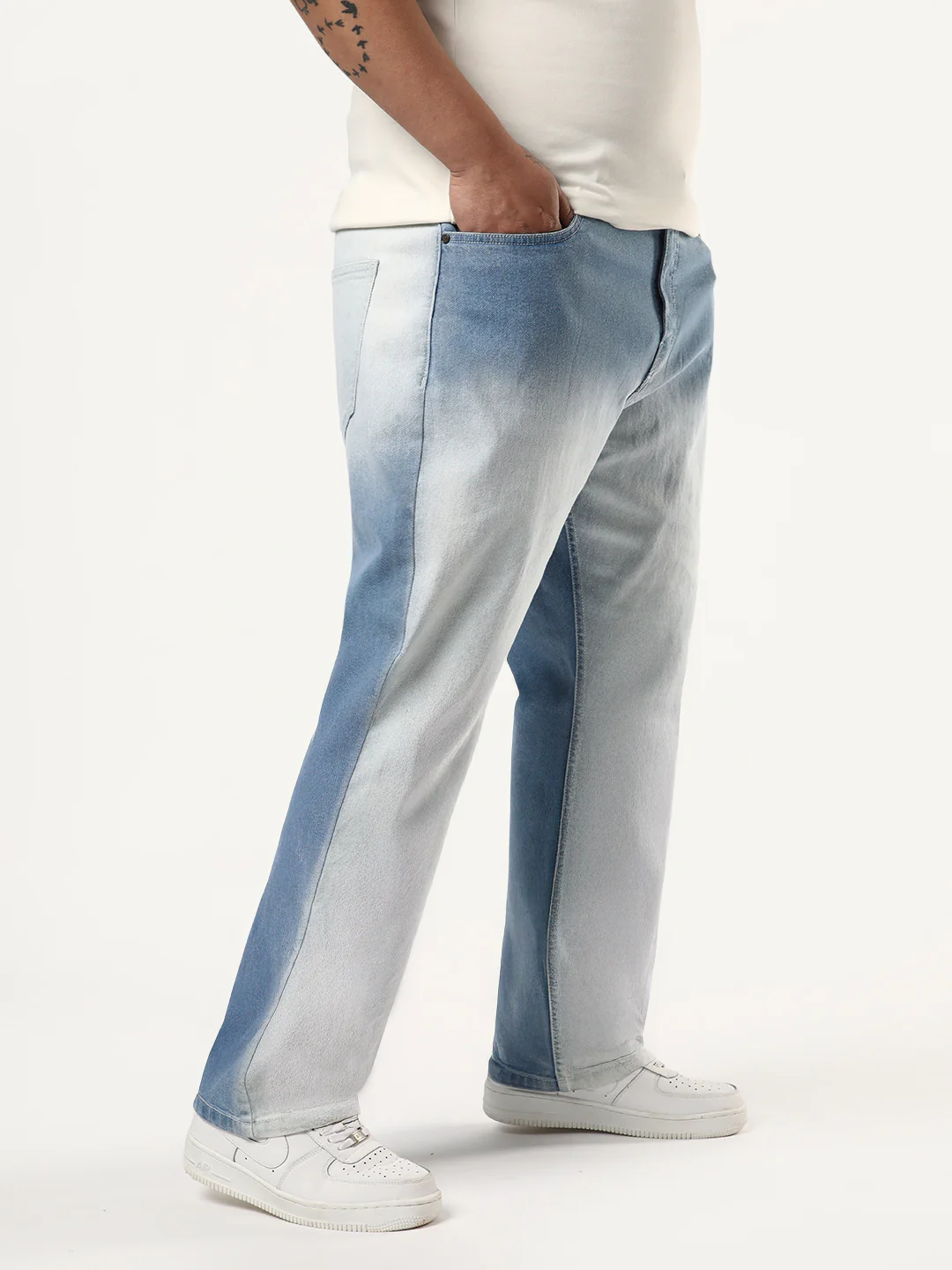 Plus Men's Ice Blue Straight Fit Heavy Washed Faded Denim Jeans Stretchable - Image 2