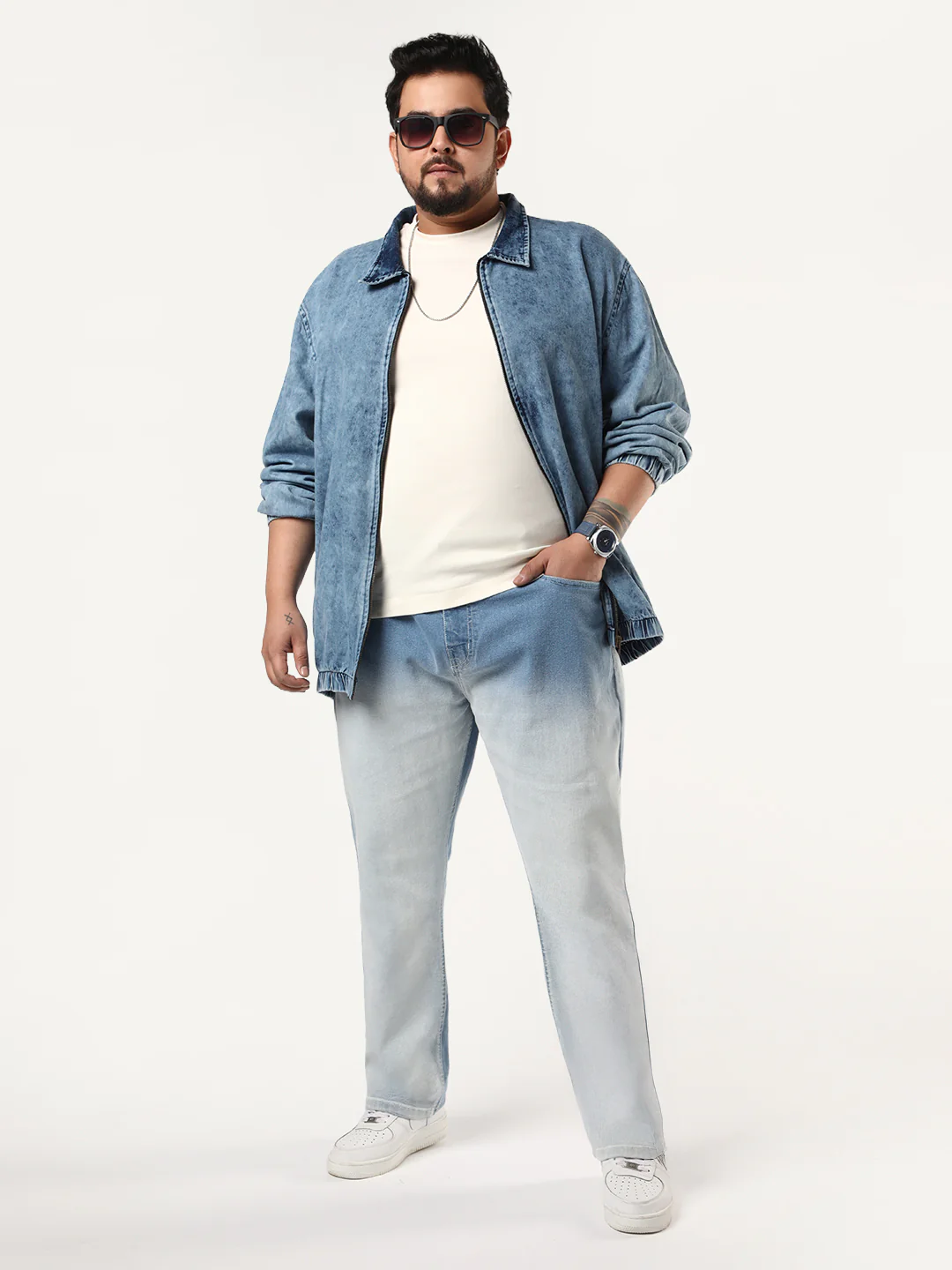 Plus Men's Ice Blue Straight Fit Heavy Washed Faded Denim Jeans Stretchable - Image 4
