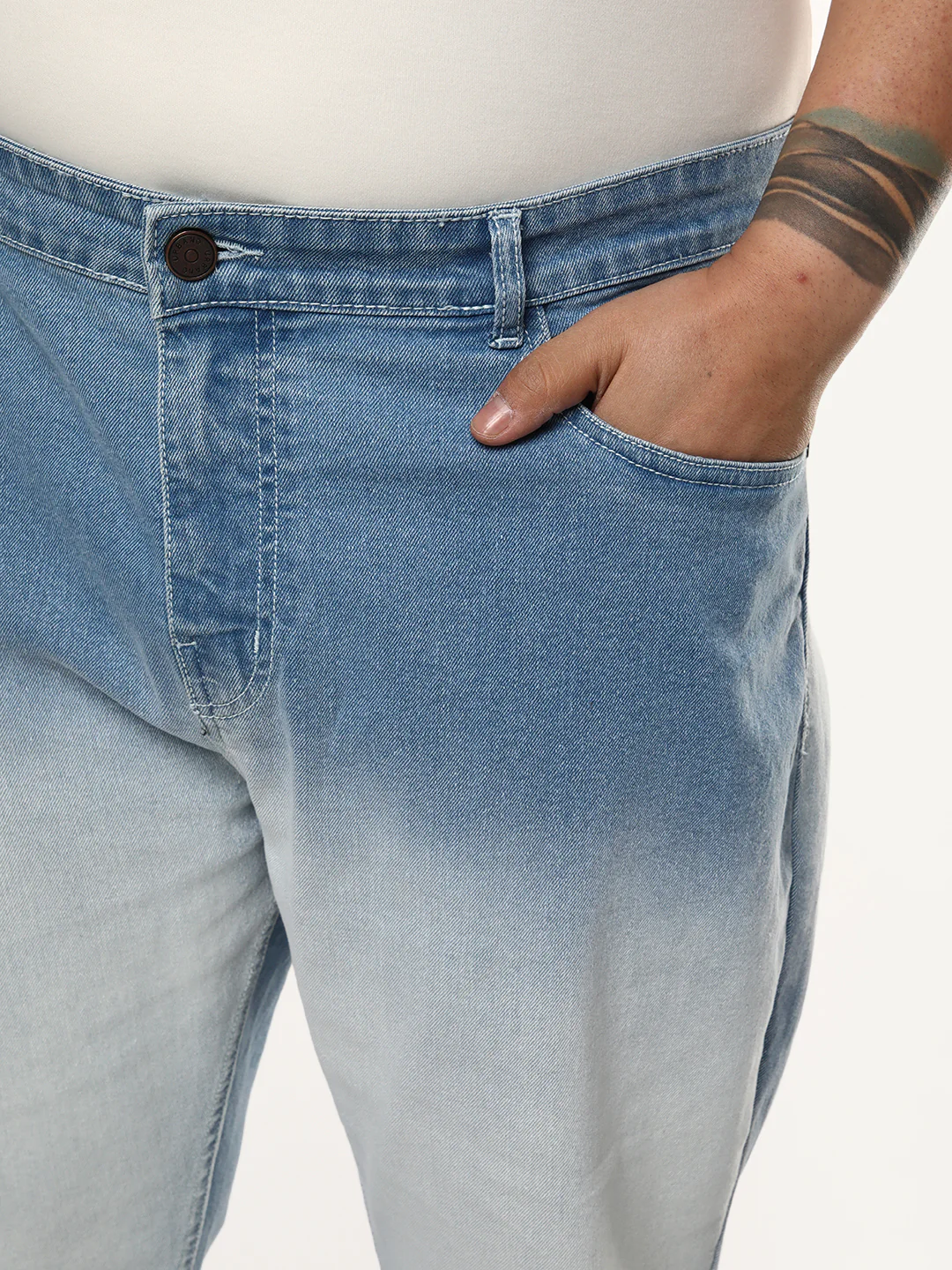 Plus Men's Ice Blue Straight Fit Heavy Washed Faded Denim Jeans Stretchable - Image 5