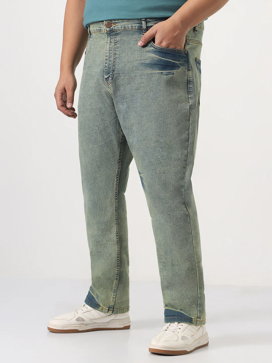 Plus Men's Ice Blue Straight Fit Heavy Washed Jeans Stretchable - Image 2