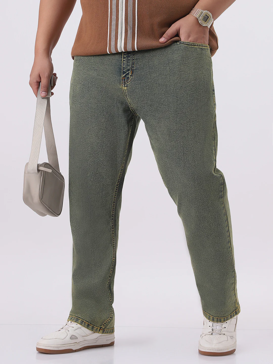 Plus Men's Ice Blue Straight Fit Heavy Washed Jeans Stretchable