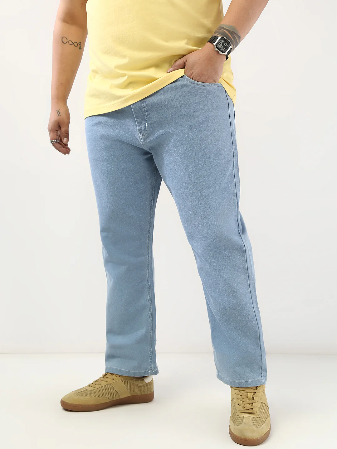 Plus Men's Ice Blue Straight Fit Washed Jeans Stretchable - Image 2