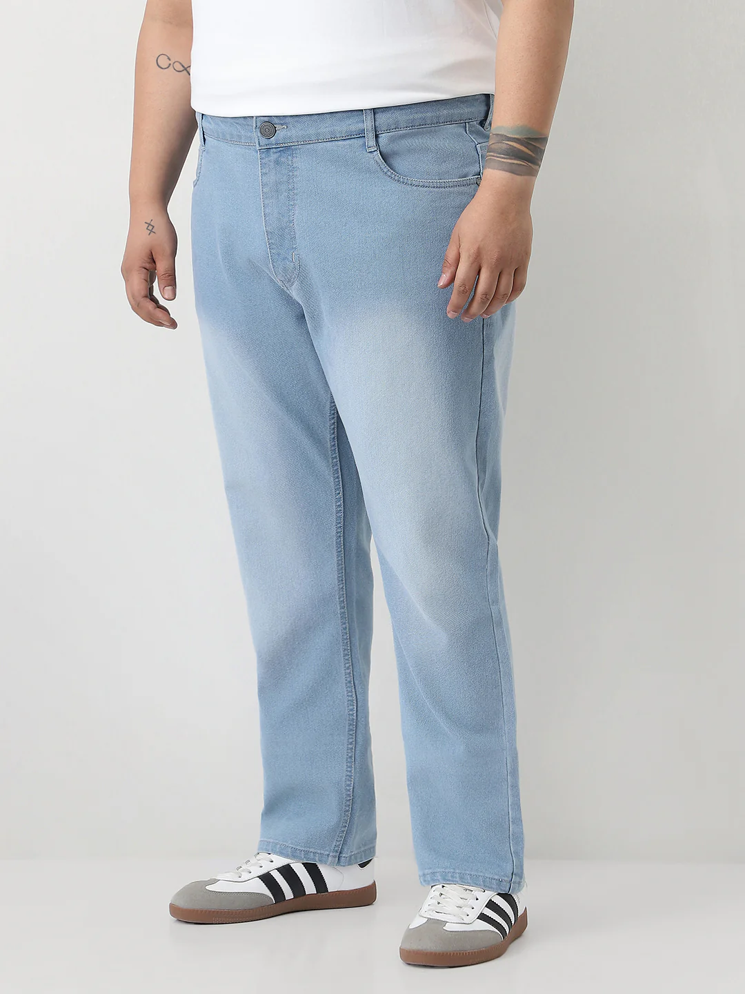 Plus Men's Ice Blue Straight Fit Washed Jeans Stretchable - Image 3