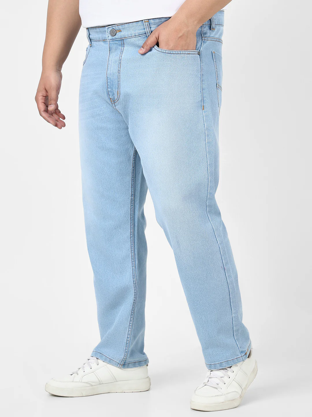 Plus Men's Ice Blue Straight Fit Washed Jeans Stretchable - Image 2