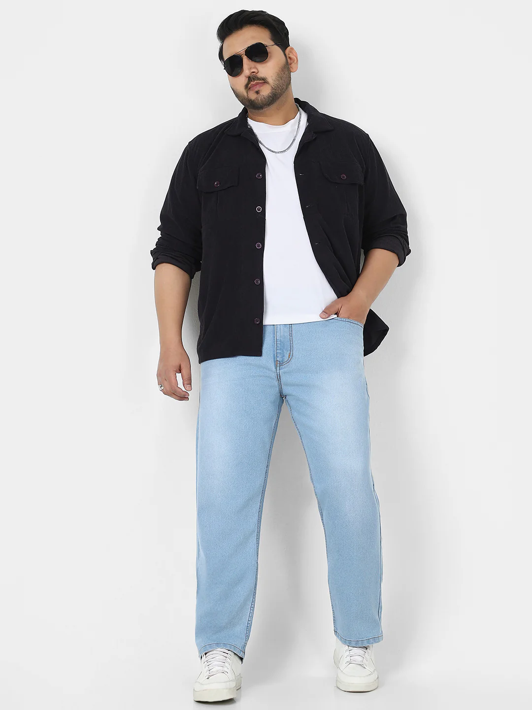 Plus Men's Ice Blue Straight Fit Washed Jeans Stretchable - Image 4