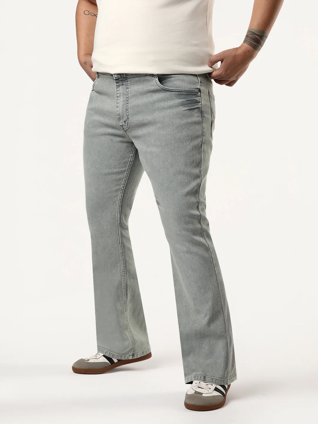 Plus Men's Ice Grey Bootcut Fit Mid Rise Acid Wash Jeans Stretchable - Image 2