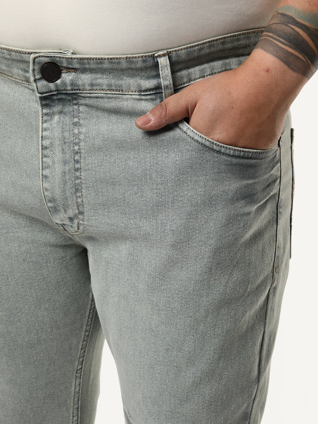 Plus Men's Ice Grey Bootcut Fit Mid Rise Acid Wash Jeans Stretchable - Image 5