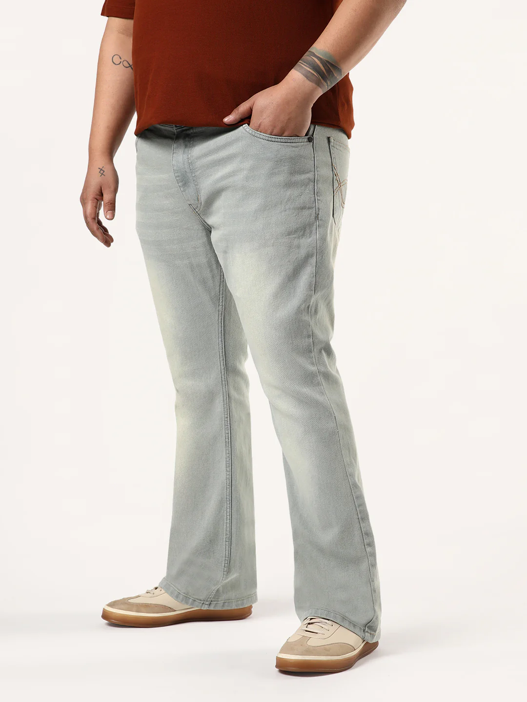 Plus Men's Ice Grey Bootcut Fit Mid Rise Heavy Washed Jeans Stretchable - Image 2