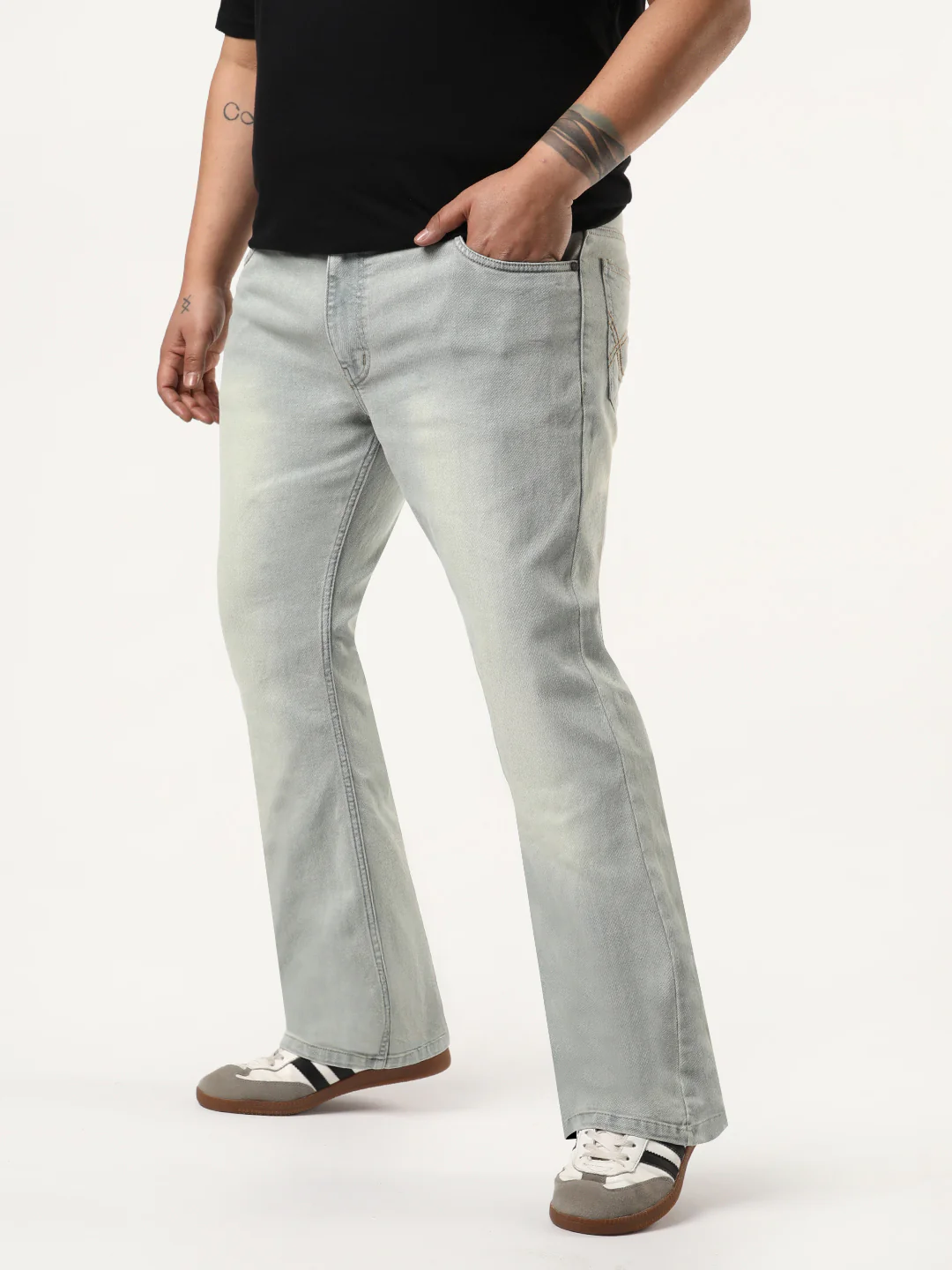 Plus Men's Ice Grey Bootcut Fit Mid Rise Tinted Heavy Washed Jeans Stretchable - Image 2