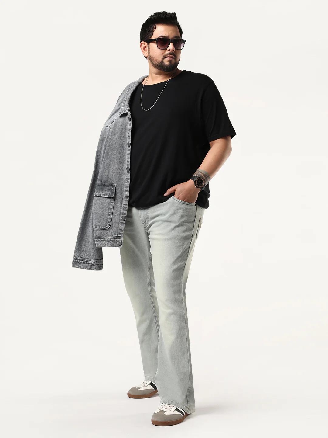 Plus Men's Ice Grey Bootcut Fit Mid Rise Tinted Heavy Washed Jeans Stretchable - Image 4