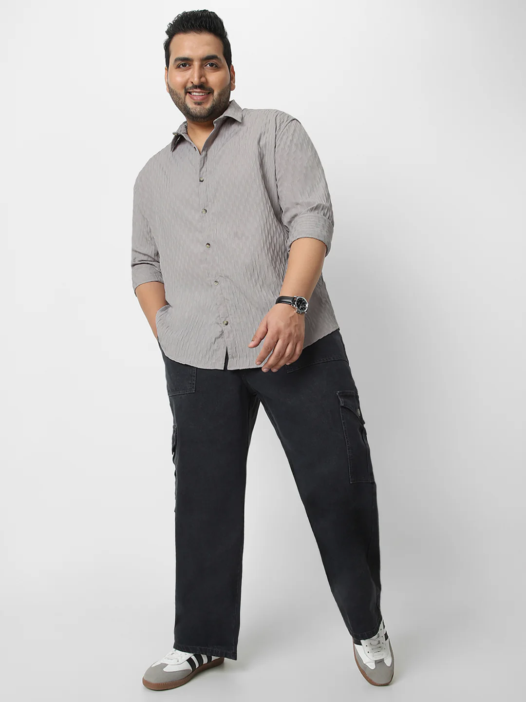 Plus Men's Ice Grey Cotton Full Sleeve Regular Fit Textured Shirt with Spread Collar - Image 4
