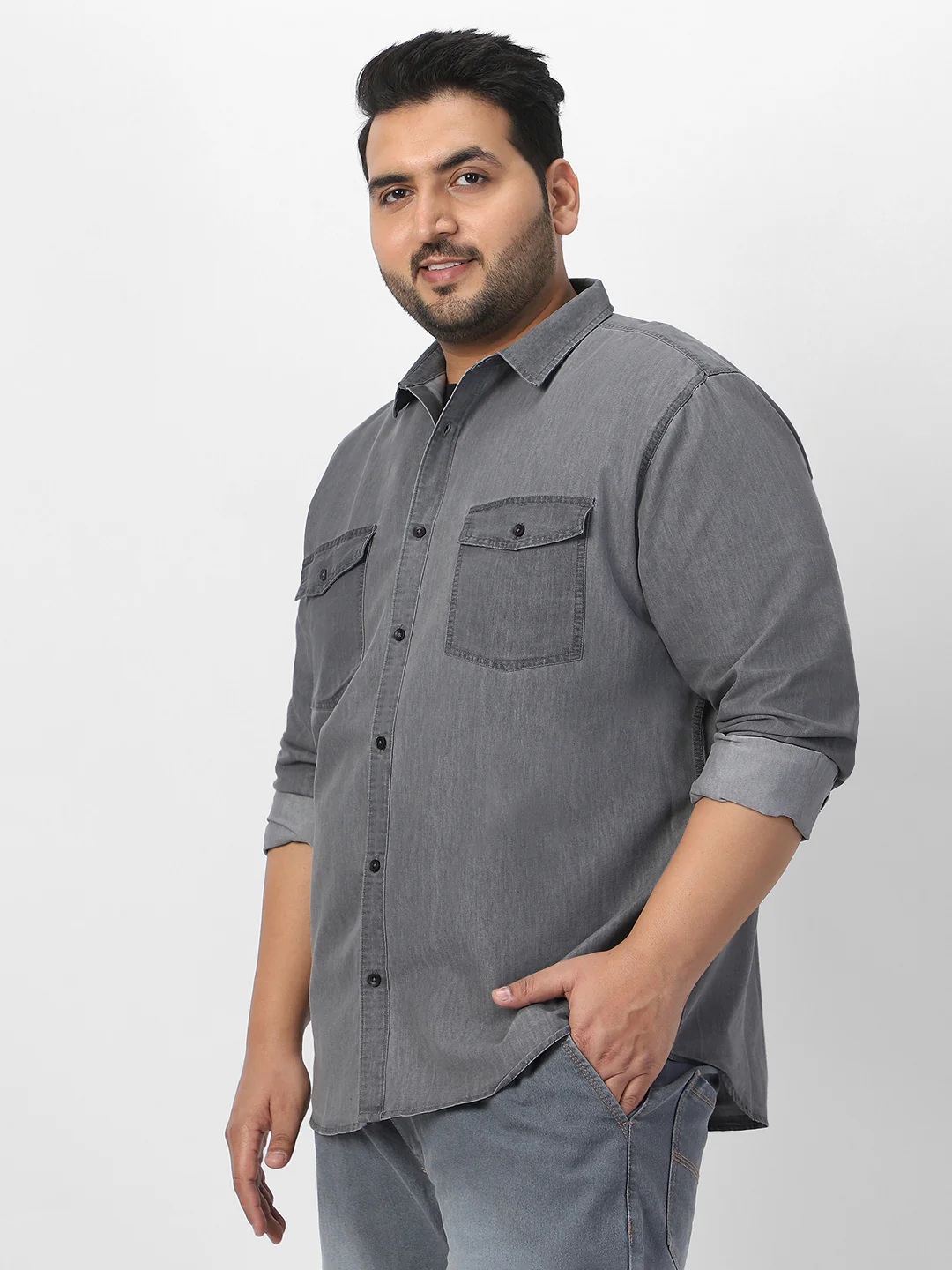 Plus Men's Ice Grey Full Sleeve Regular Fit Casual Denim Shirt - Image 2