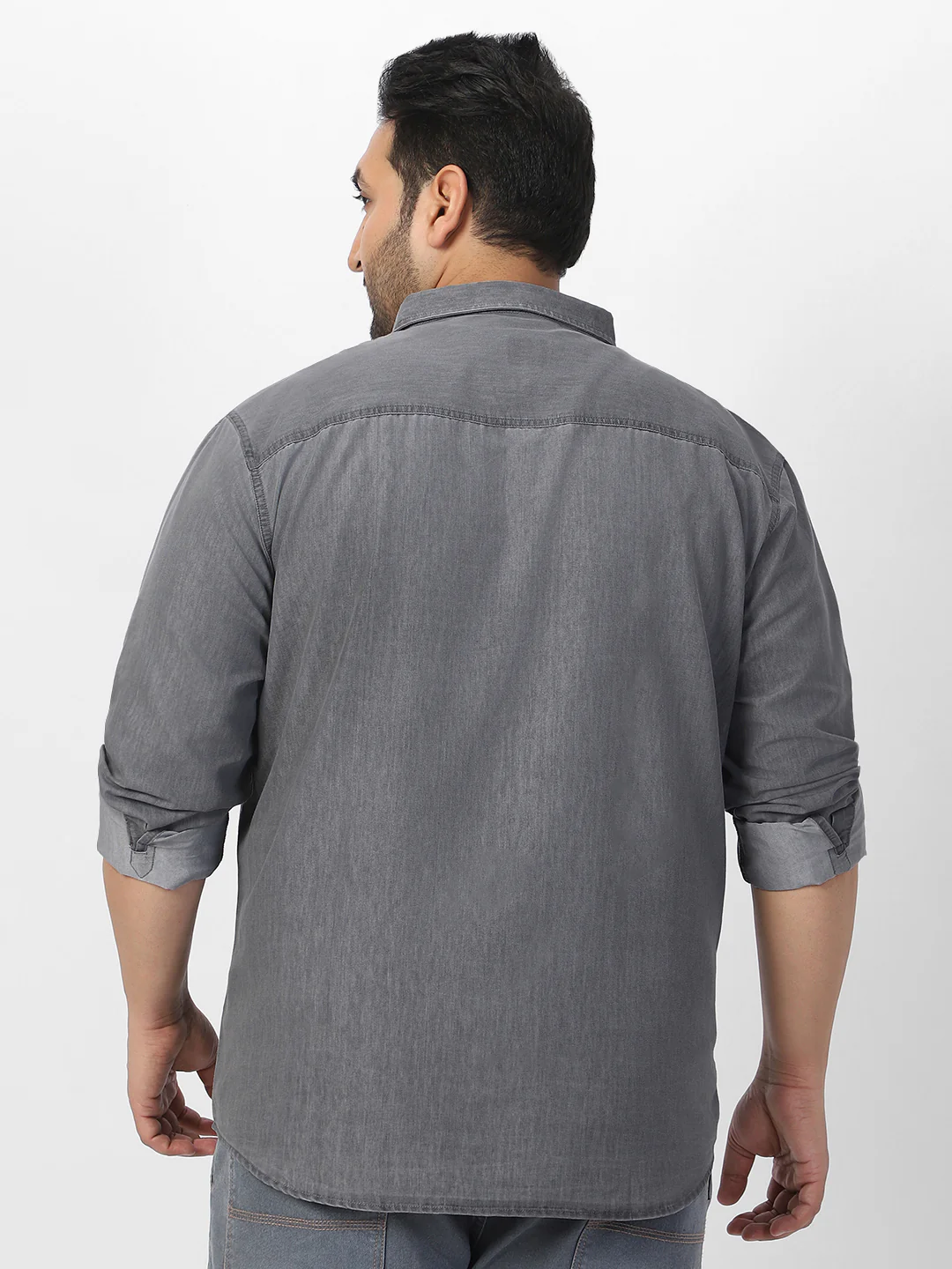 Plus Men's Ice Grey Full Sleeve Regular Fit Casual Denim Shirt - Image 3