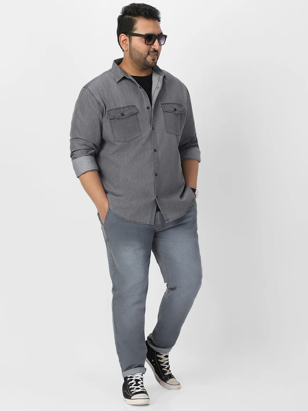 Plus Men's Ice Grey Full Sleeve Regular Fit Casual Denim Shirt - Image 4