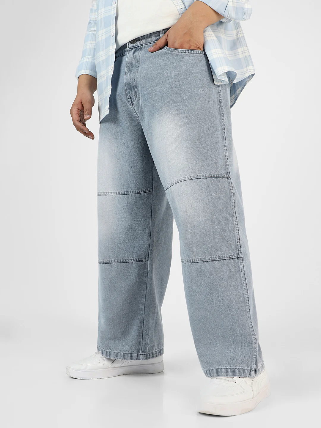 Plus Men's Ice Grey Loose Baggy Fit Cut and Sew Panelled Jeans Non-Stretchable - Image 2