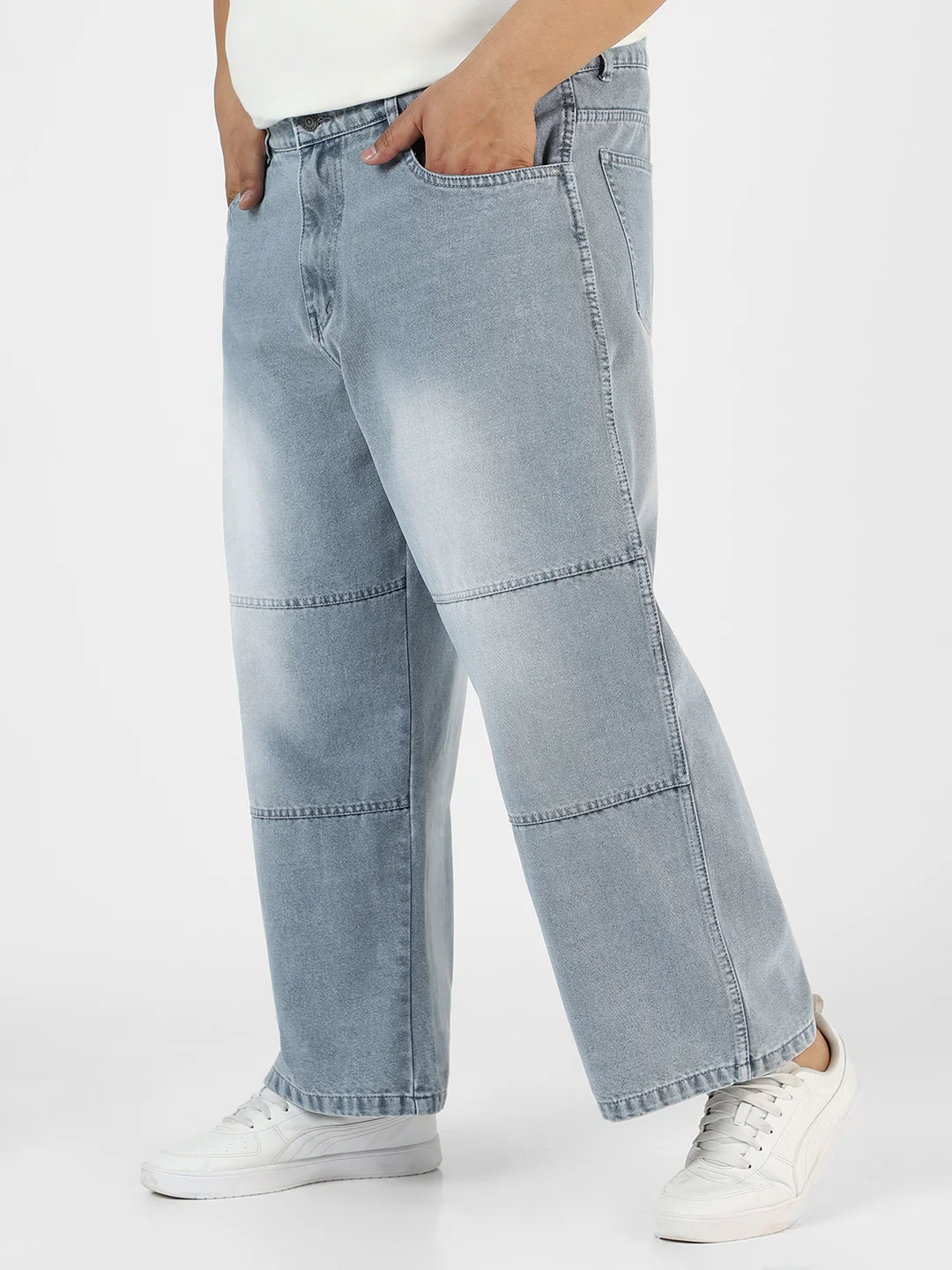 Plus Men's Ice Grey Loose Baggy Fit Cut and Sew Panelled Jeans Non-Stretchable - Image 3