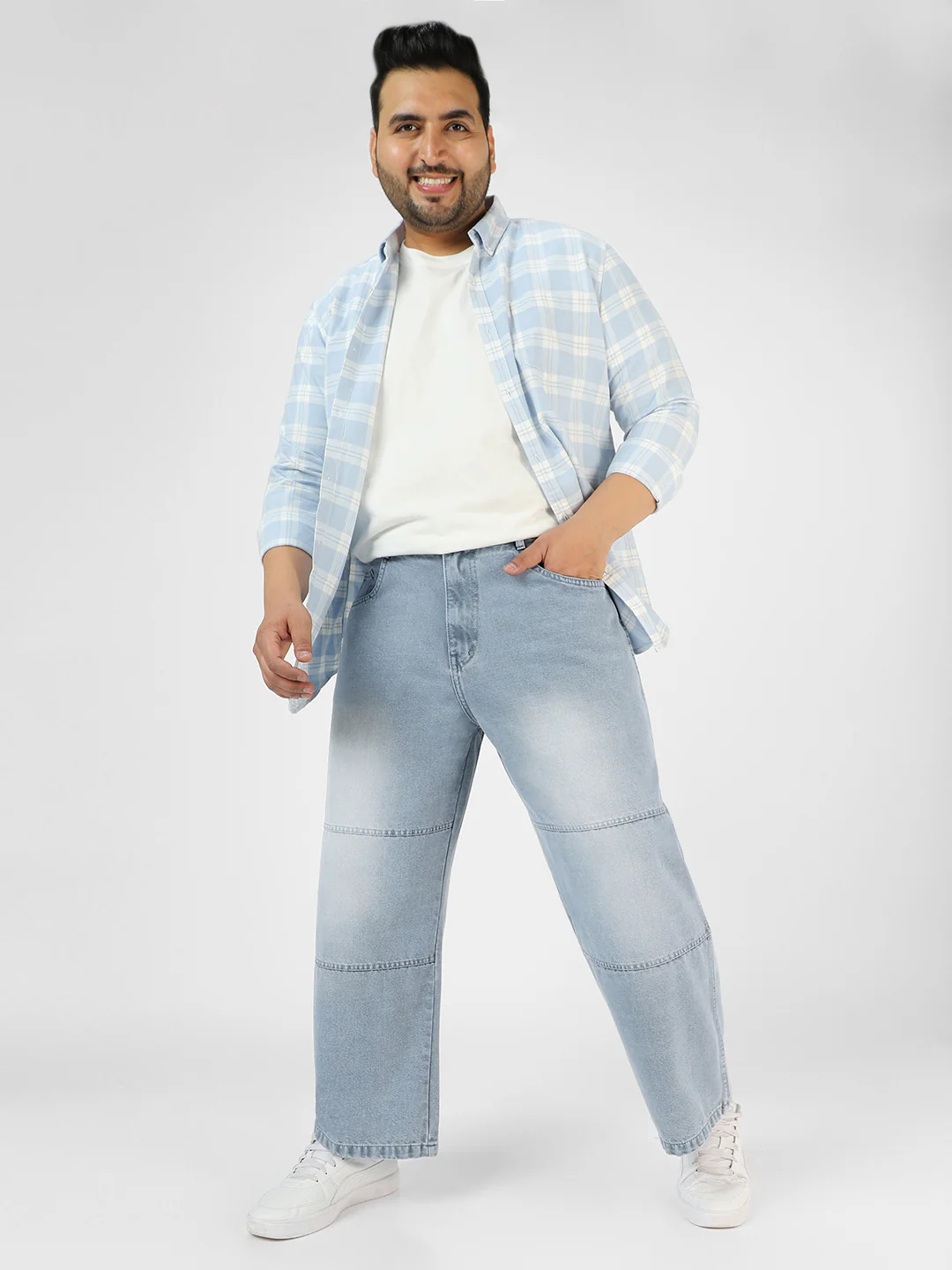Plus Men's Ice Grey Loose Baggy Fit Cut and Sew Panelled Jeans Non-Stretchable - Image 5