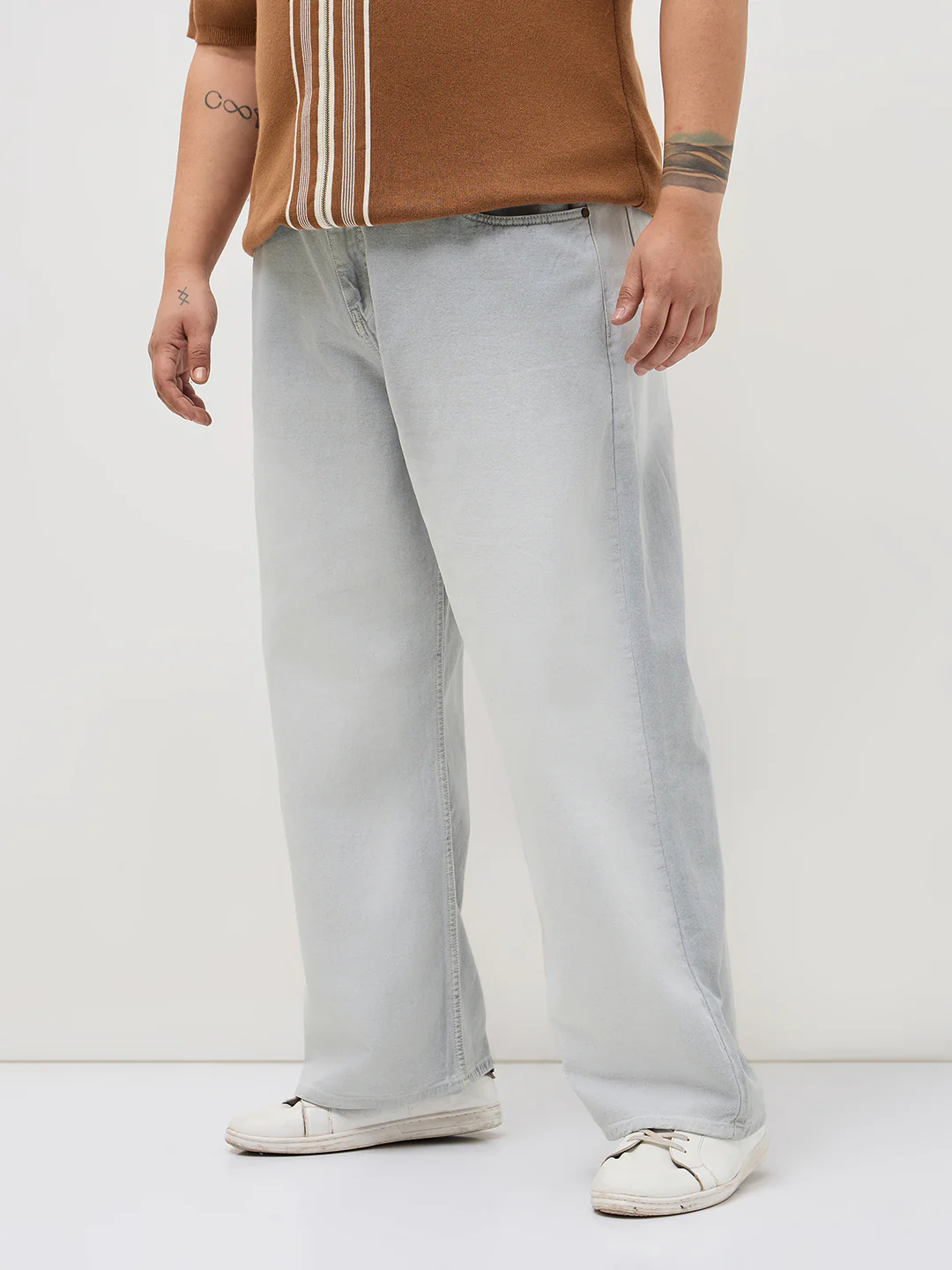 Plus Men's Ice Grey Loose Baggy Fit Heavy Washed Faded Denim Jeans Non-Stretchable - Image 3