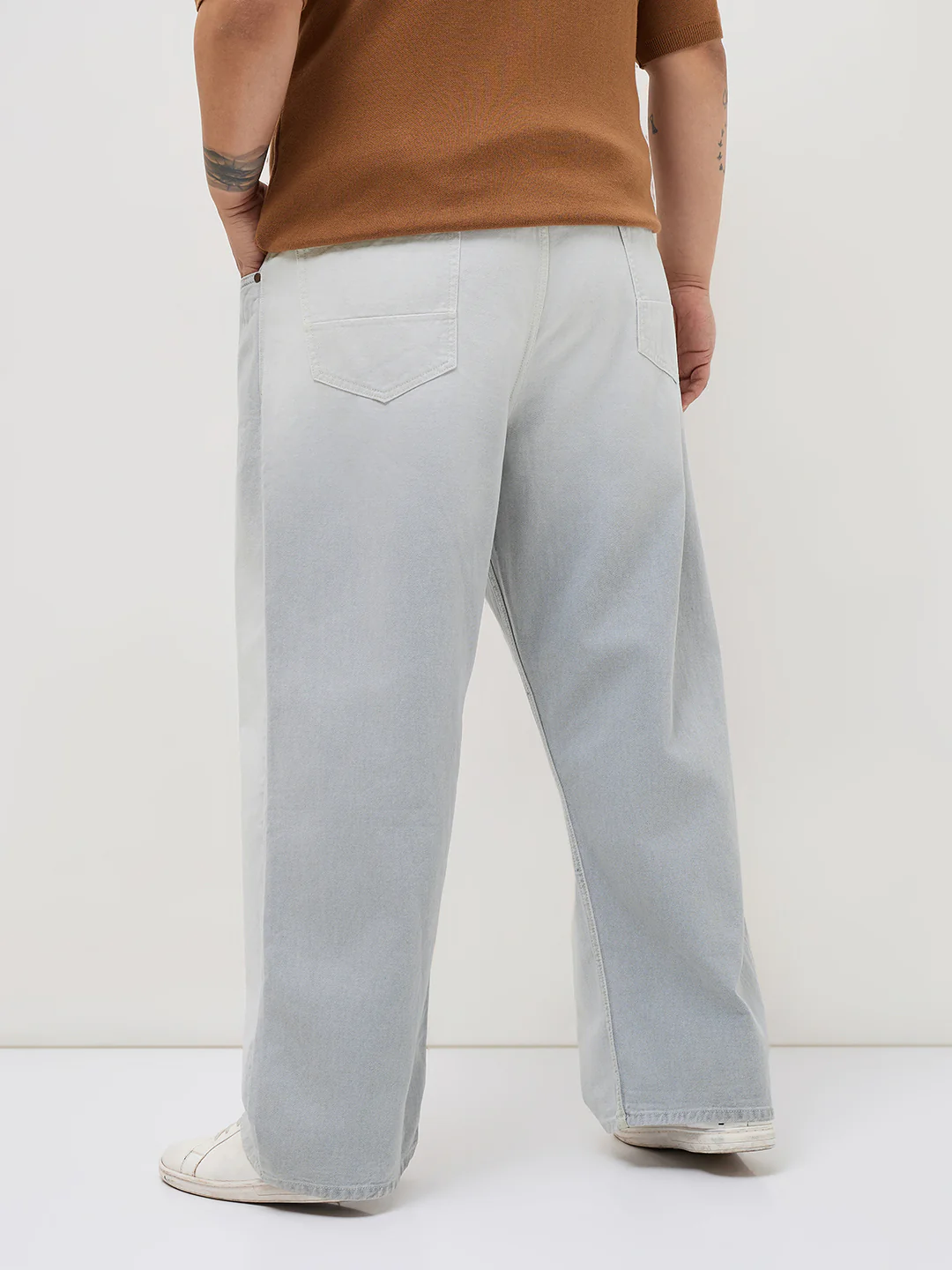 Plus Men's Ice Grey Loose Baggy Fit Heavy Washed Faded Denim Jeans Non-Stretchable - Image 4