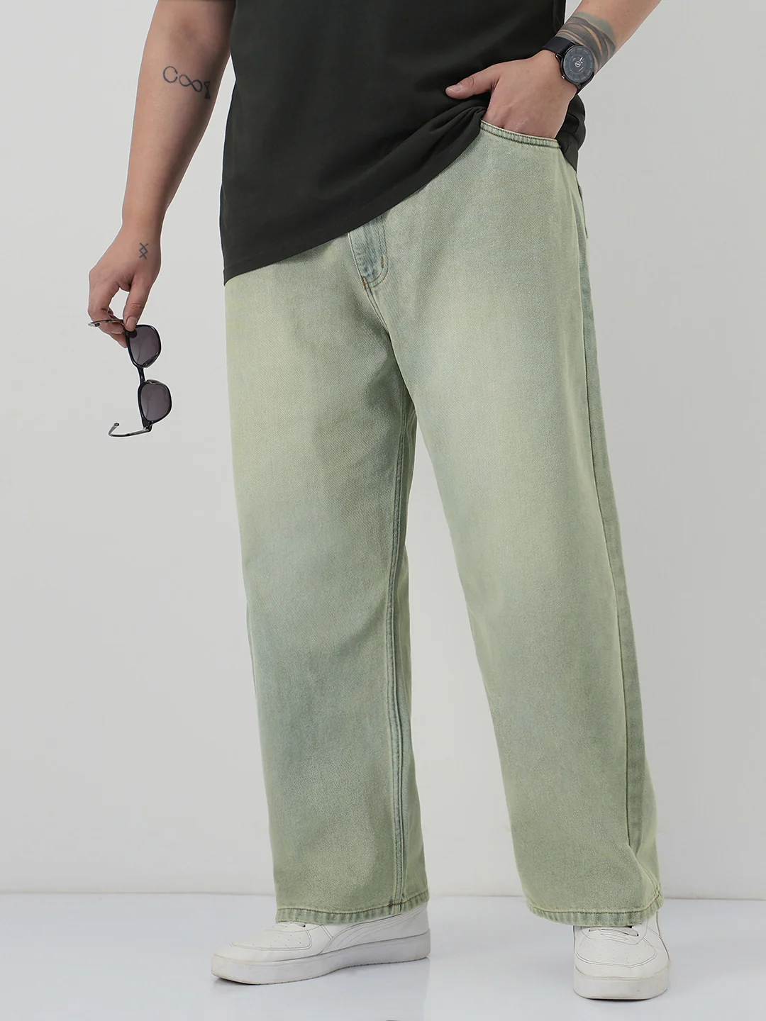 Plus Men's Ice Grey Loose Baggy Fit Heavy Washed Jeans Non-Stretchable