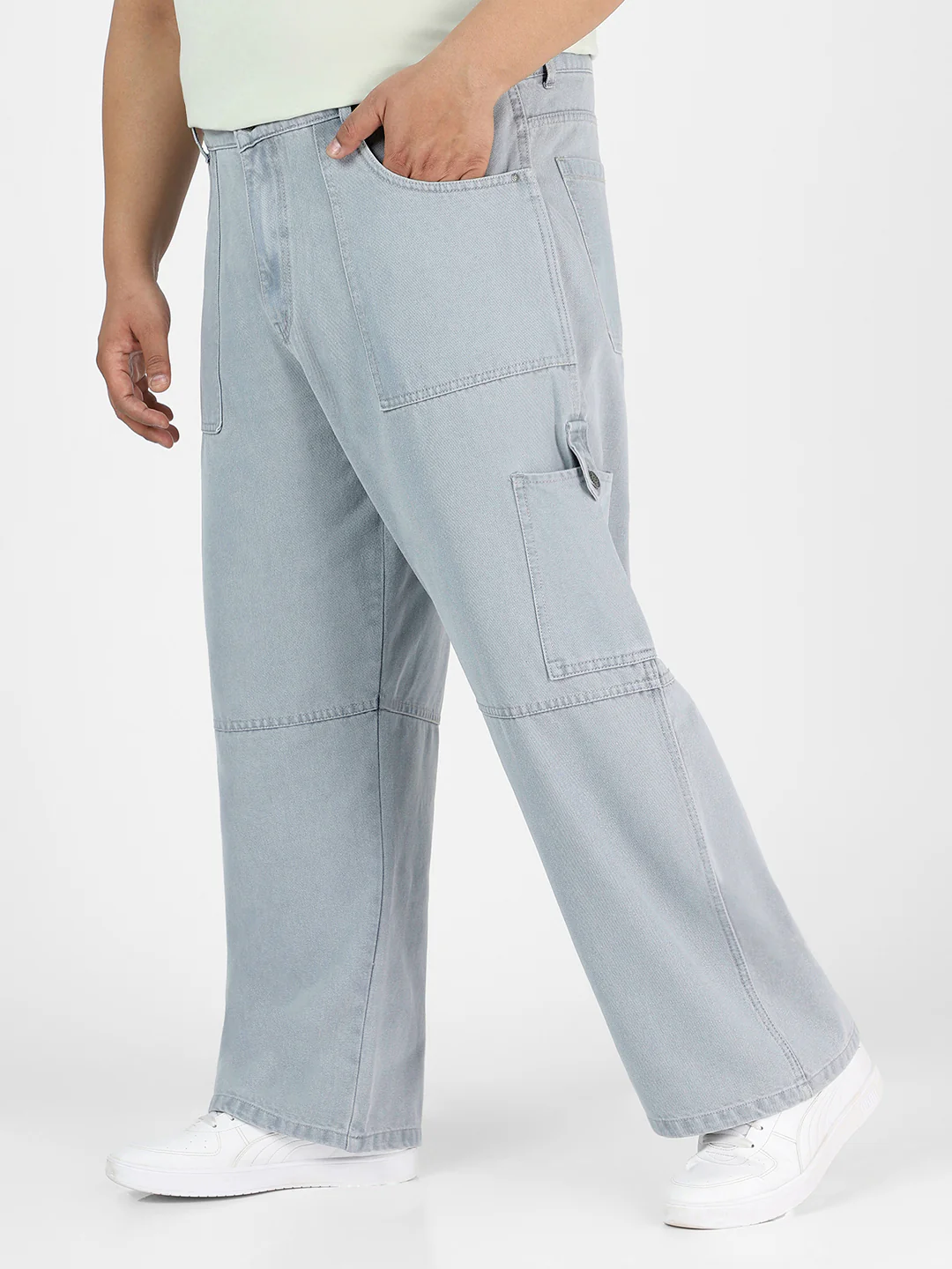 Plus Men's Ice Grey Loose Baggy Fit Washed Cargo Jeans with 6 Pockets Non-Stretchable - Image 2