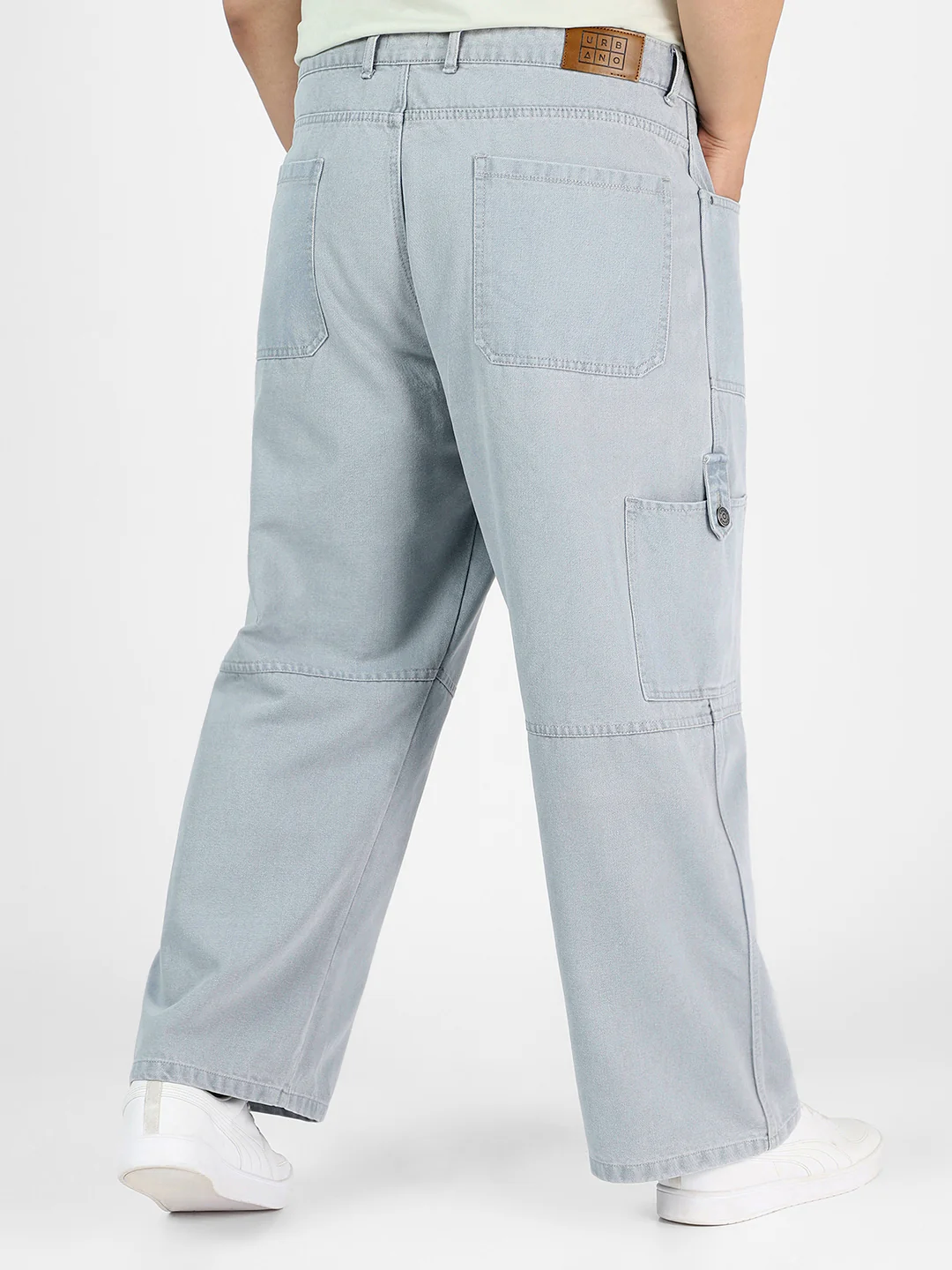 Plus Men's Ice Grey Loose Baggy Fit Washed Cargo Jeans with 6 Pockets Non-Stretchable - Image 3