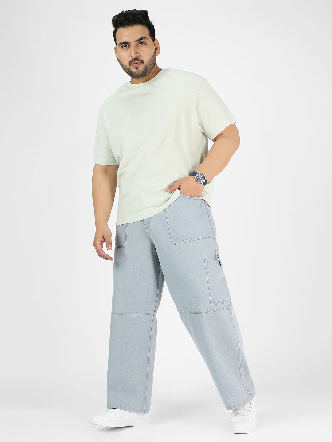 Plus Men's Ice Grey Loose Baggy Fit Washed Cargo Jeans with 6 Pockets Non-Stretchable - Image 4