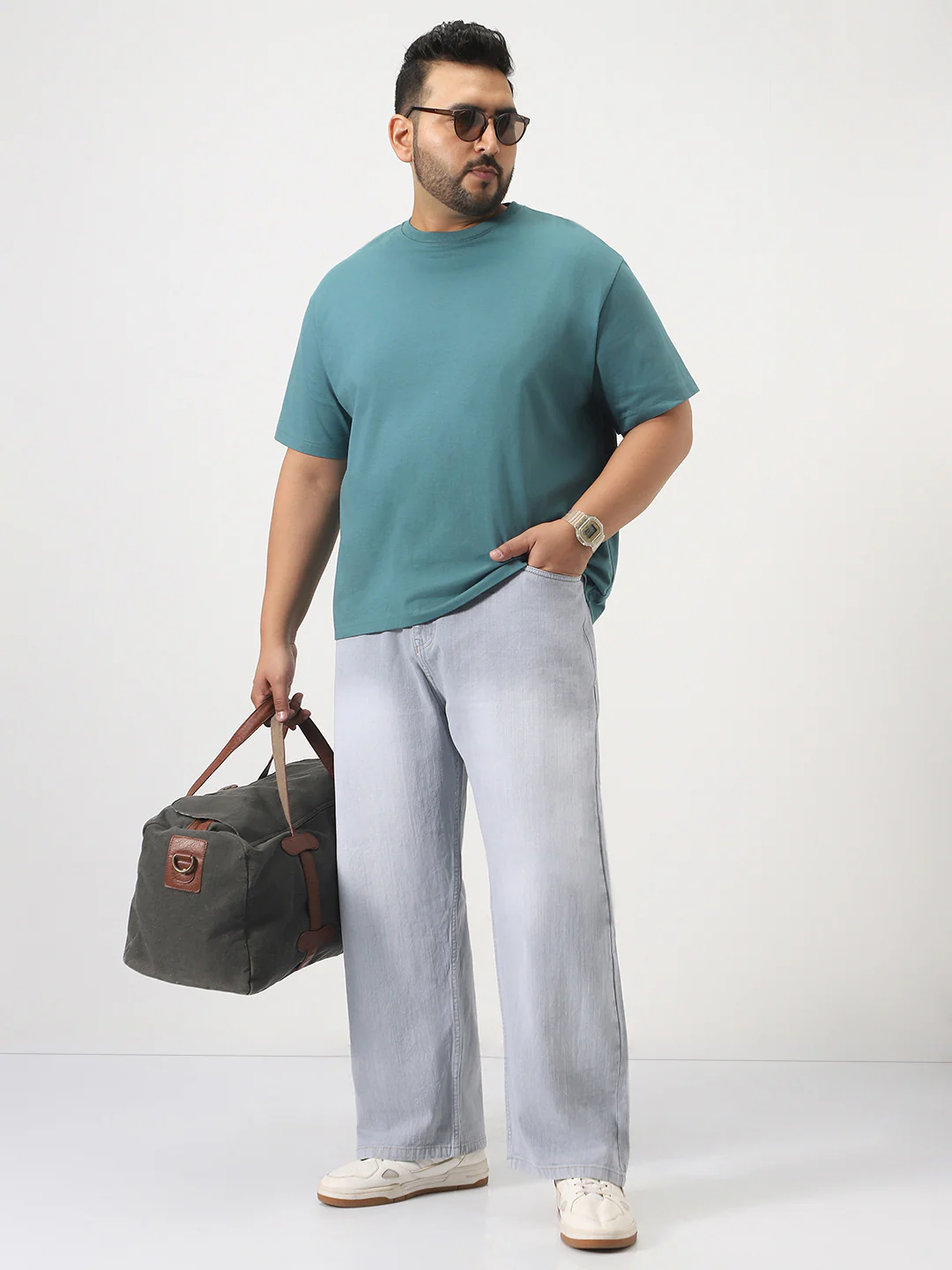 Plus Men's Ice Grey Loose Baggy Fit Washed Denim Jeans Non-Stretchable - Image 4