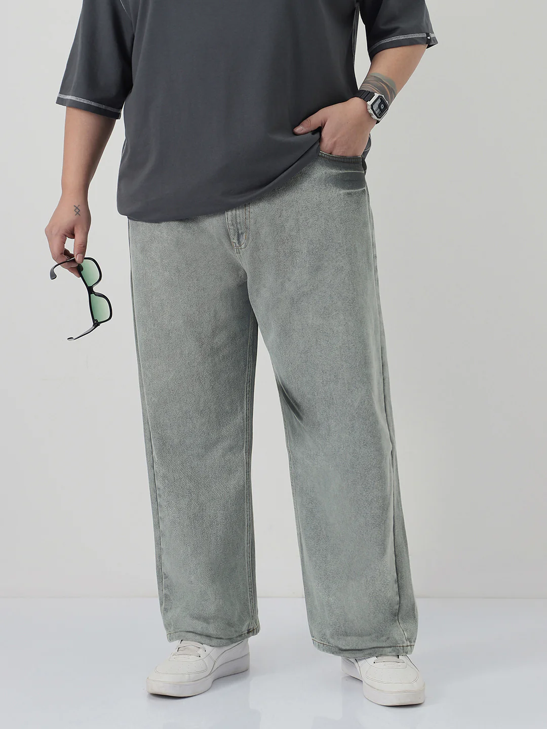 Plus Men's Ice Grey Loose Baggy Fit Washed Jeans Non-Stretchable - Image 2
