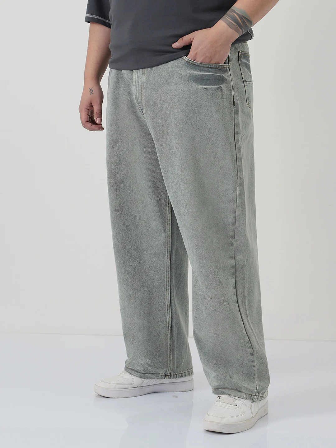 Plus Men's Ice Grey Loose Baggy Fit Washed Jeans Non-Stretchable - Image 3