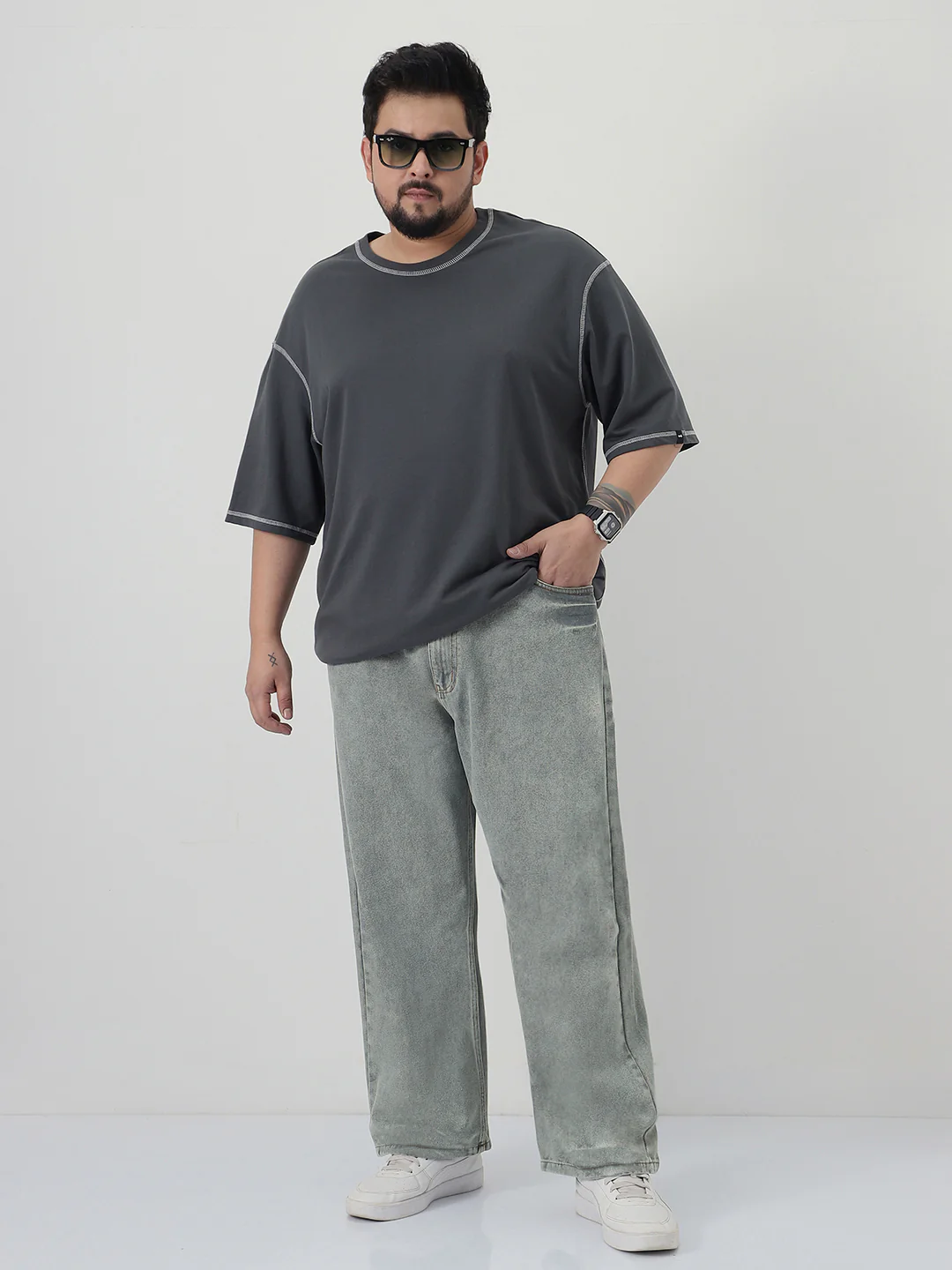 Plus Men's Ice Grey Loose Baggy Fit Washed Jeans Non-Stretchable - Image 5